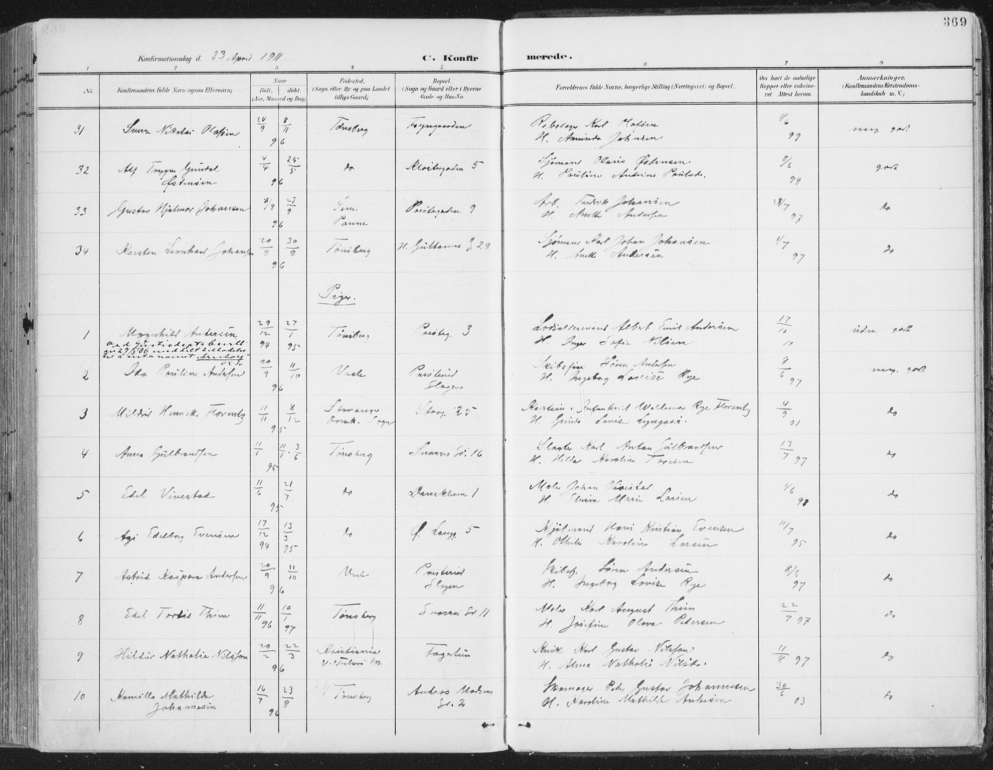 Tønsberg kirkebøker, AV/SAKO-A-330/F/Fa/L0014: Parish register (official) no. I 14, 1900-1913, p. 369