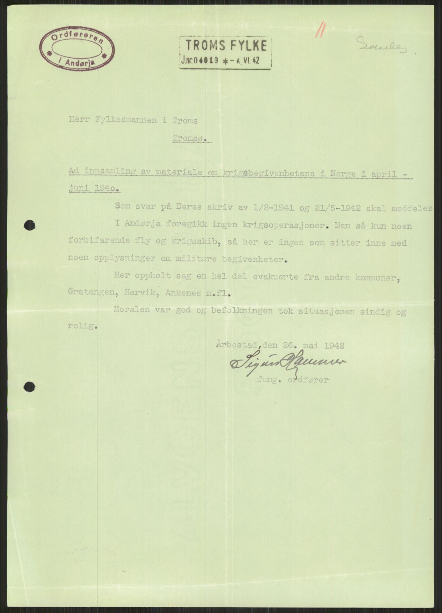 Forsvaret, Forsvarets krigshistoriske avdeling, AV/RA-RAFA-2017/Y/Ya/L0017: II-C-11-31 - Fylkesmenn.  Rapporter om krigsbegivenhetene 1940., 1940, p. 602