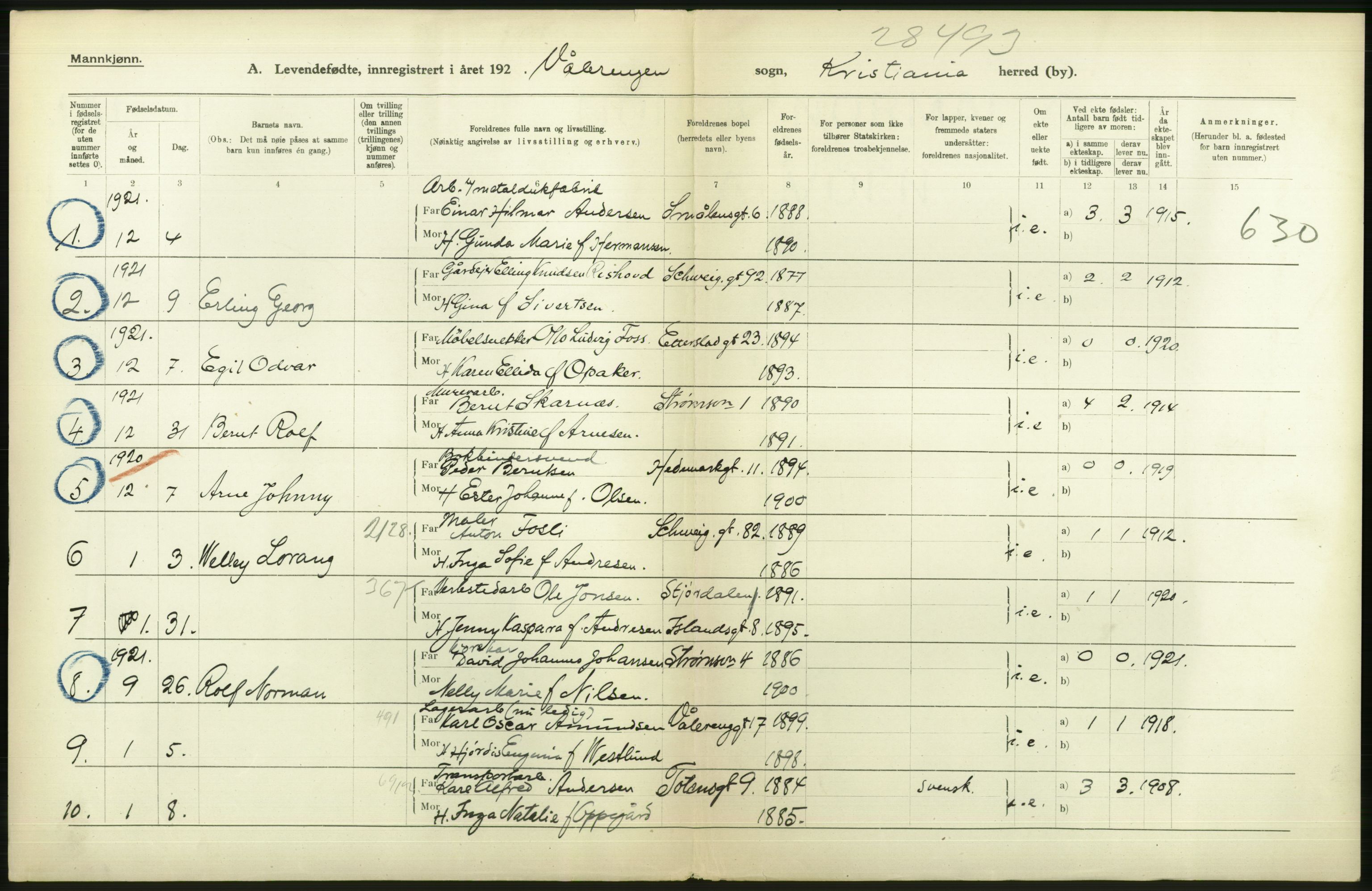 Statistisk sentralbyrå, Sosiodemografiske emner, Befolkning, RA/S-2228/D/Df/Dfc/Dfcb/L0007: Kristiania: Levendefødte menn og kvinner., 1922, p. 516