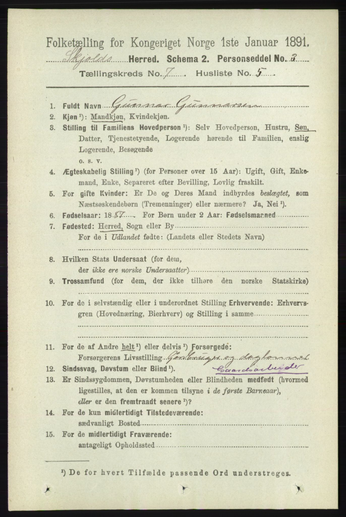 RA, 1891 census for 1154 Skjold, 1891, p. 1367