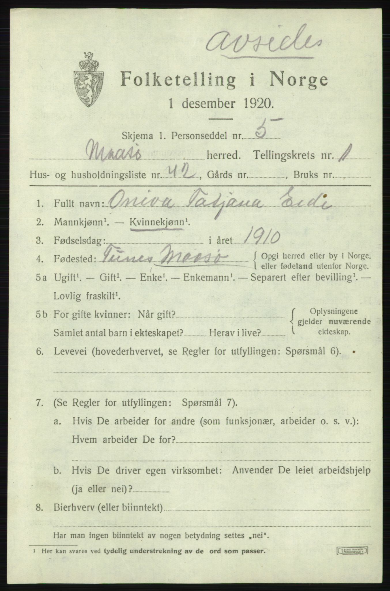 SATØ, 1920 census for Måsøy, 1920, p. 1282