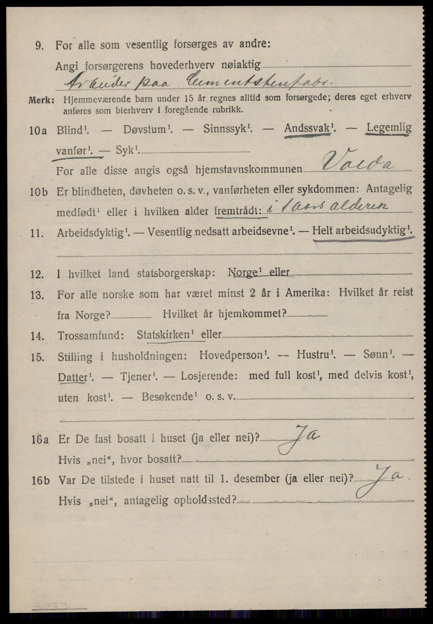 SAT, 1920 census for Volda, 1920, p. 12931