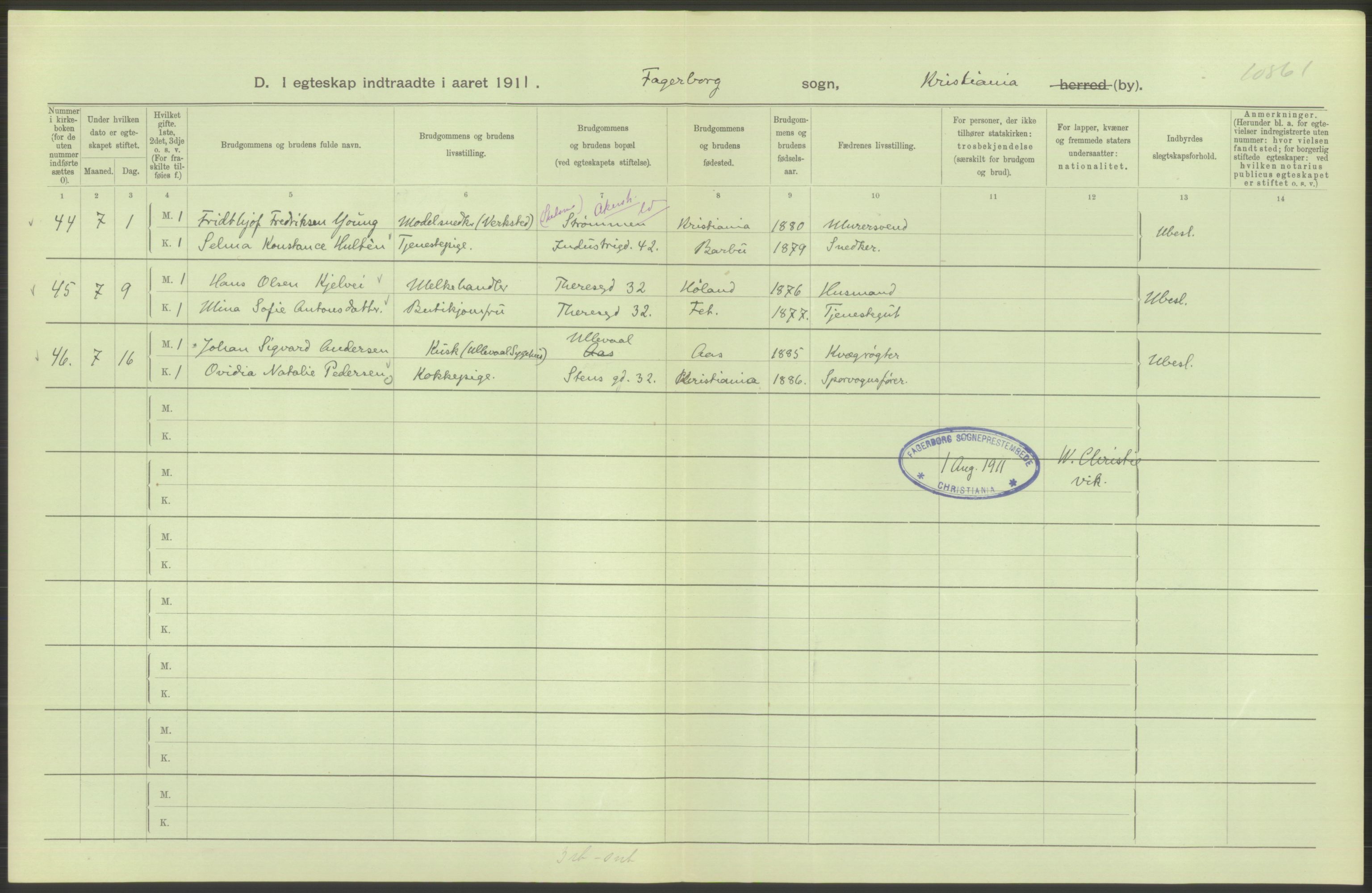 Statistisk sentralbyrå, Sosiodemografiske emner, Befolkning, AV/RA-S-2228/D/Df/Dfb/Dfba/L0008: Kristiania: Gifte, 1911, p. 346