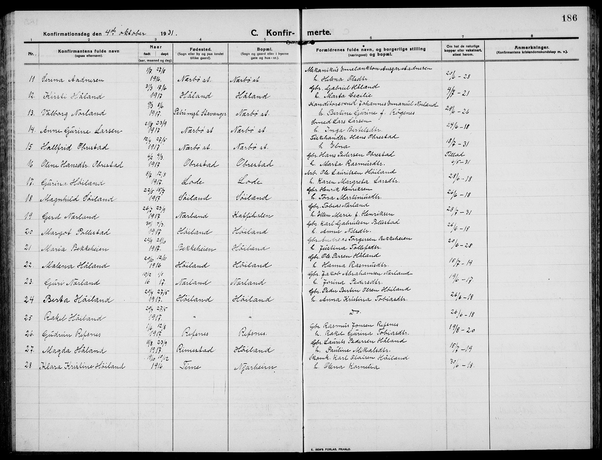 Hå sokneprestkontor, AV/SAST-A-101801/001/30BB/L0007: Parish register (copy) no. B 7, 1912-1939, p. 186