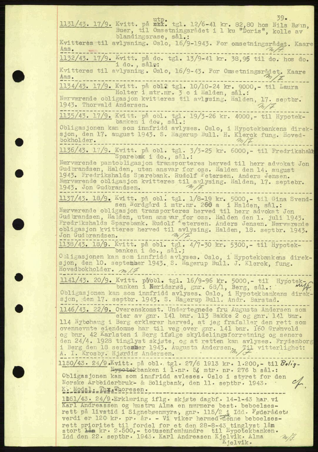 Idd og Marker sorenskriveri, AV/SAO-A-10283/G/Gb/Gbc/L0002: Mortgage book no. B4-9a, 1939-1945, Diary no: : 1131/1943