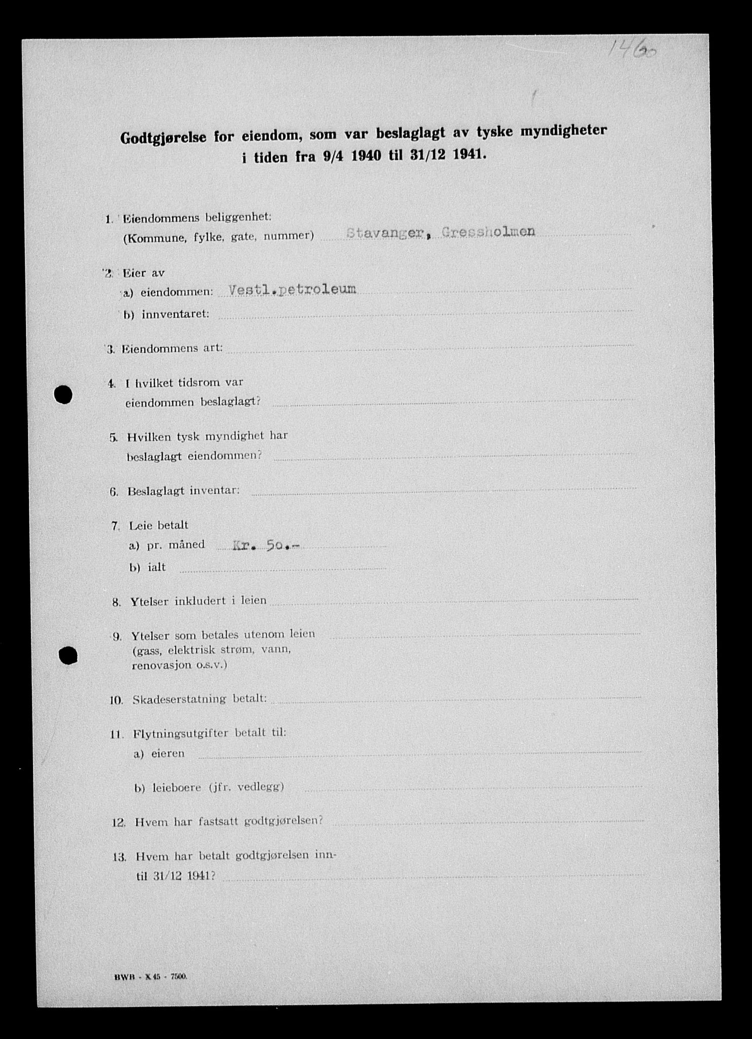Justisdepartementet, Tilbakeføringskontoret for inndratte formuer, AV/RA-S-1564/I/L1014: Godtgjørelse for beslaglagt eiendom, 1940-1941, p. 149