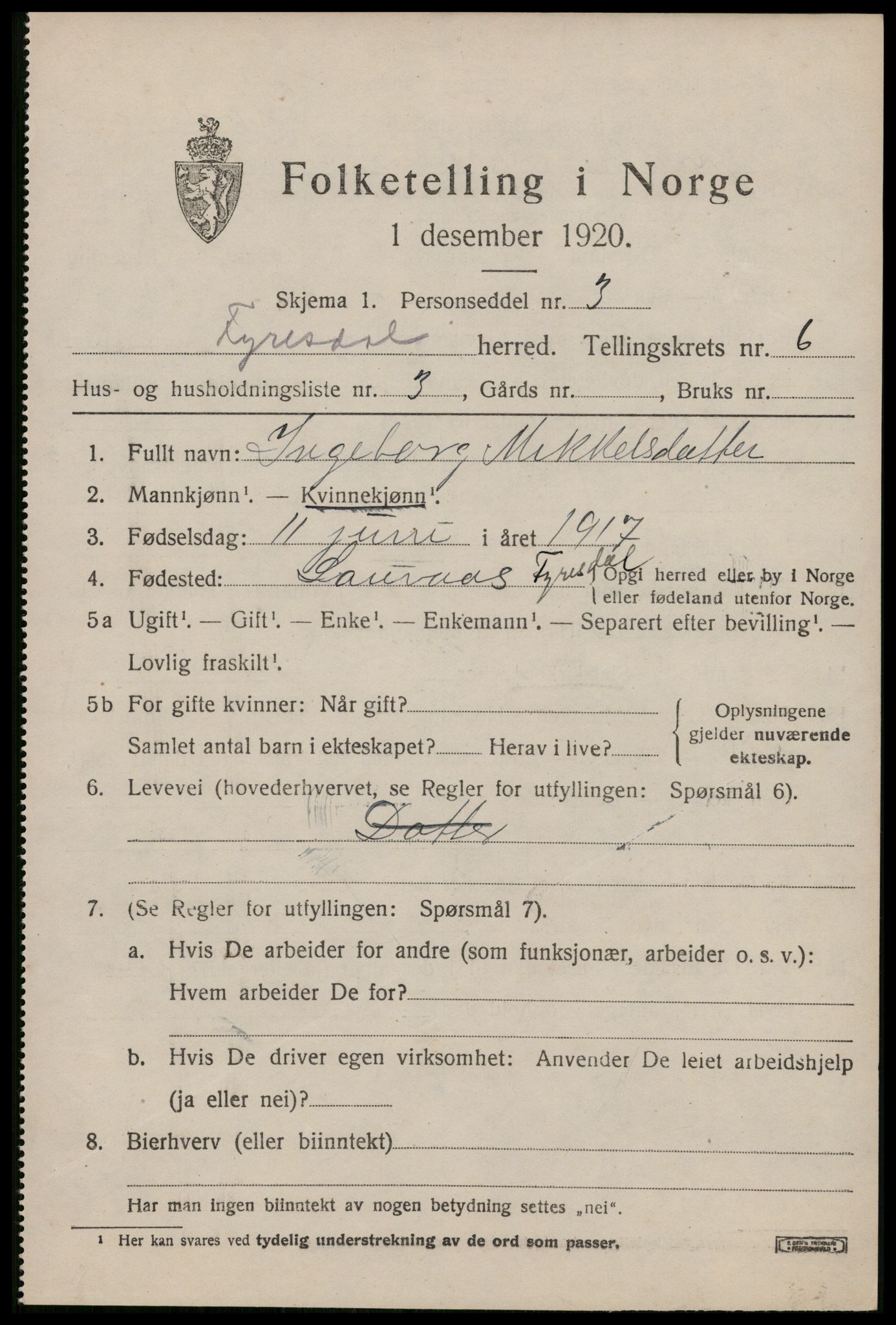 SAKO, 1920 census for Fyresdal, 1920, p. 2317