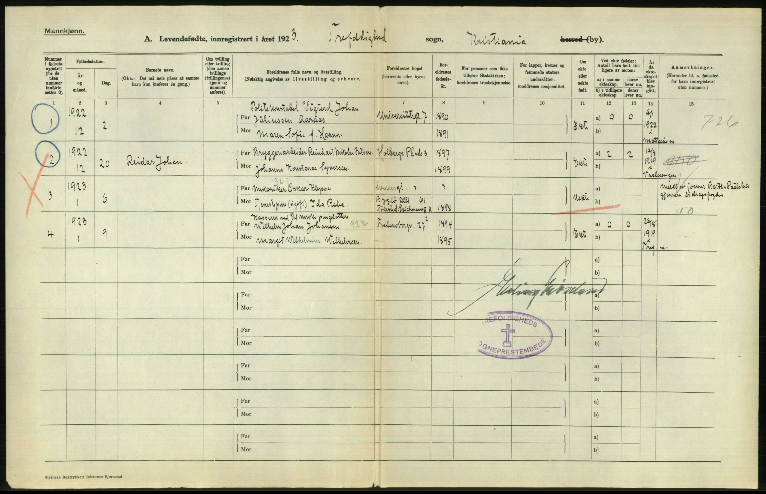 Statistisk sentralbyrå, Sosiodemografiske emner, Befolkning, RA/S-2228/D/Df/Dfc/Dfcc/L0006: Kristiania: Levendefødte menn og kvinner., 1923, p. 808