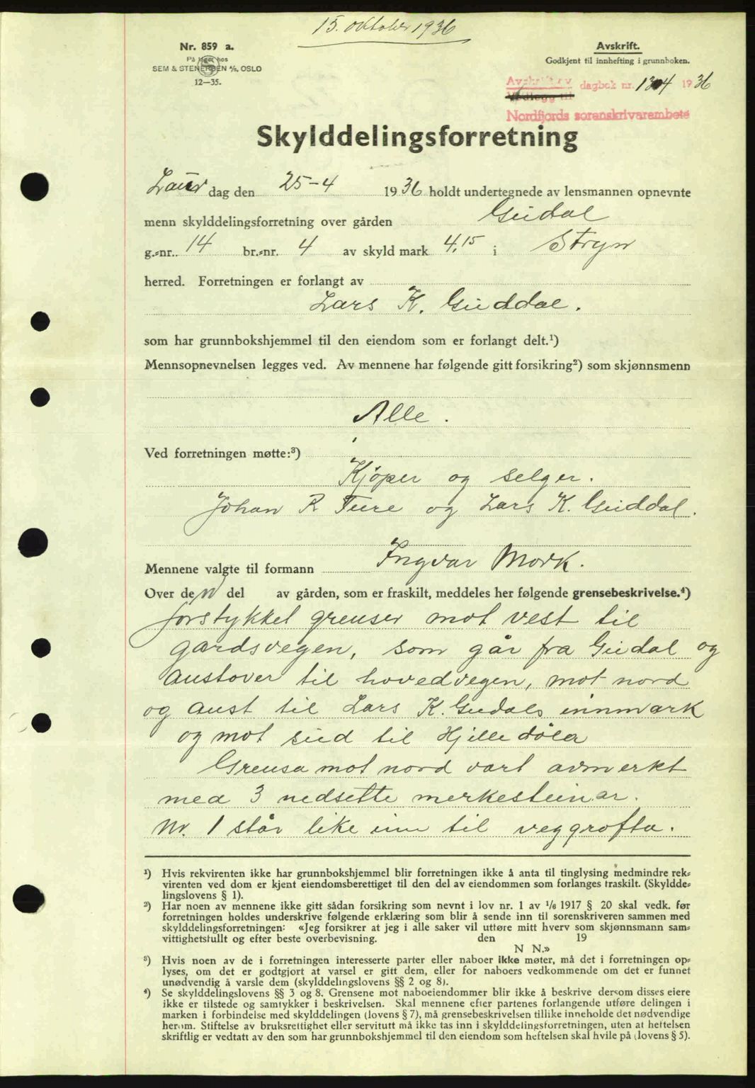 Nordfjord sorenskriveri, AV/SAB-A-2801/02/02b/02bj/L0001: Mortgage book no. A1, 1936-1937, Diary no: : 1307/1936