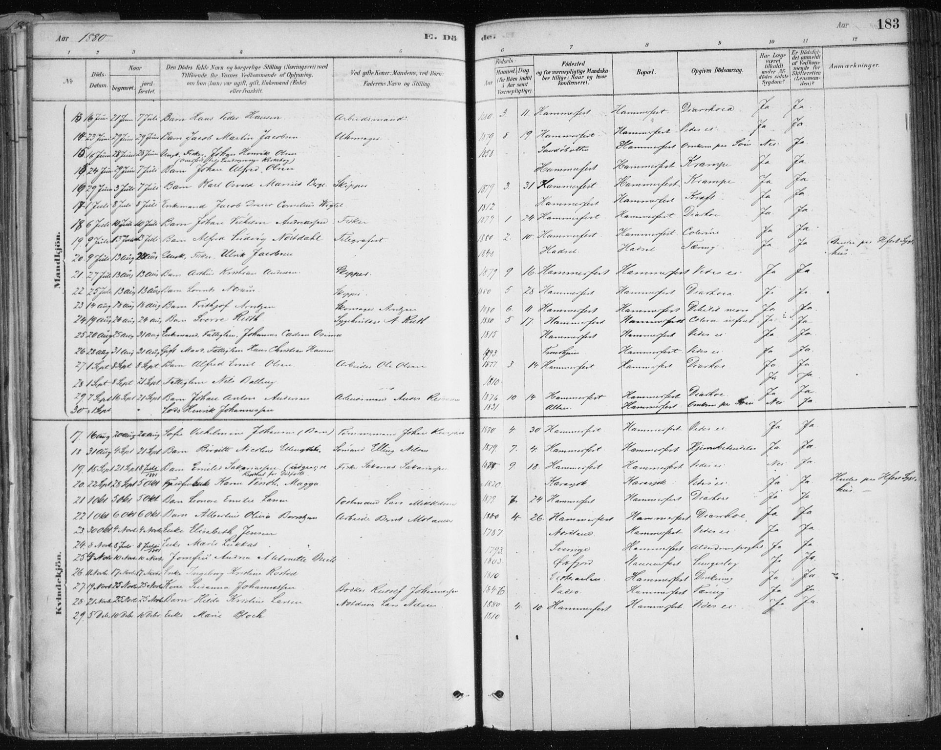 Hammerfest sokneprestkontor, AV/SATØ-S-1347/H/Ha/L0008.kirke: Parish register (official) no. 8, 1878-1889, p. 183