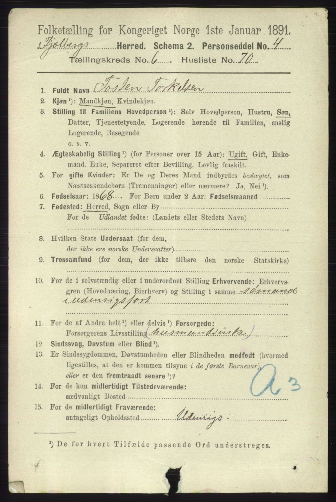 RA, 1891 census for 1213 Fjelberg, 1891, p. 2320