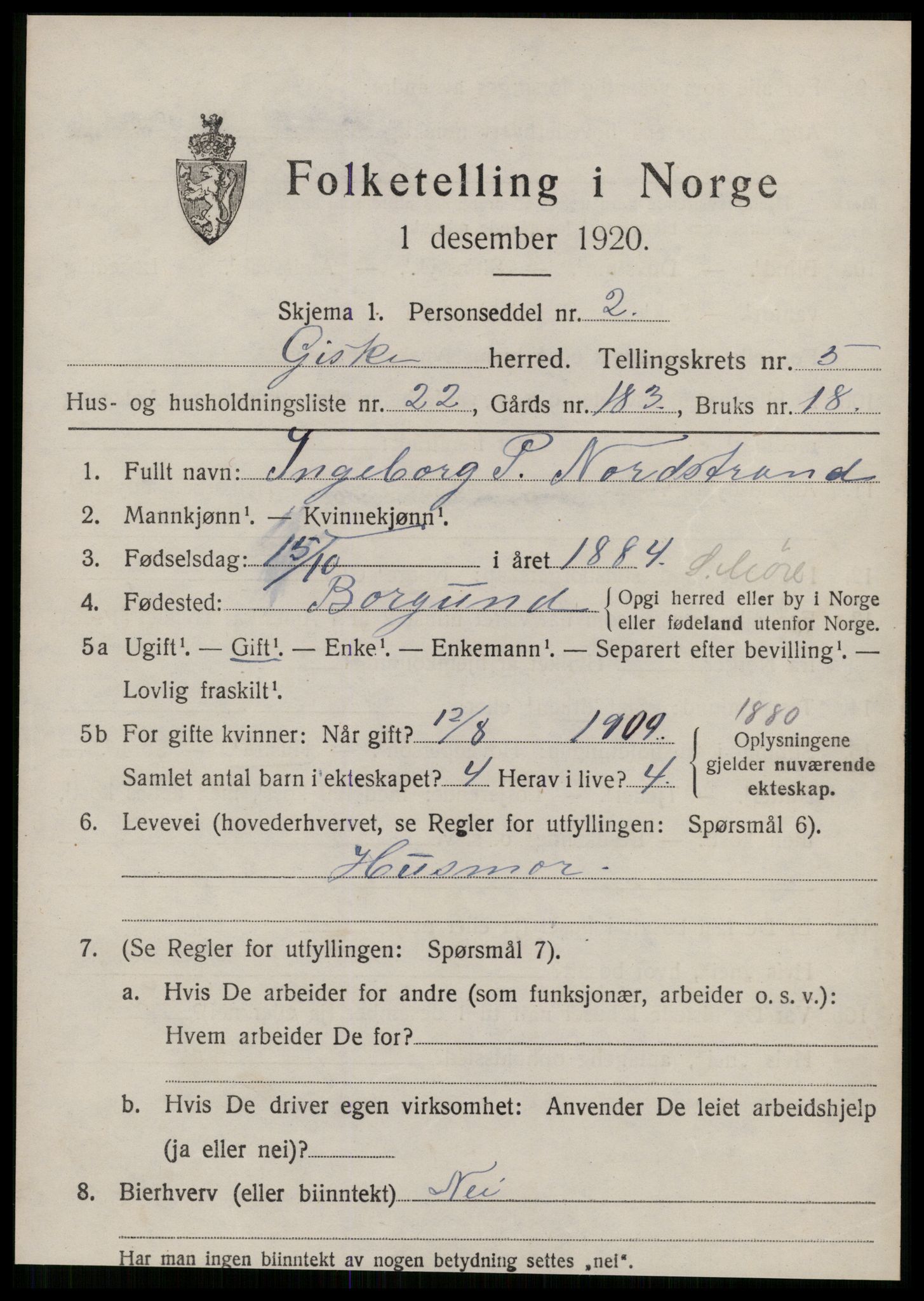 SAT, 1920 census for Giske, 1920, p. 3938