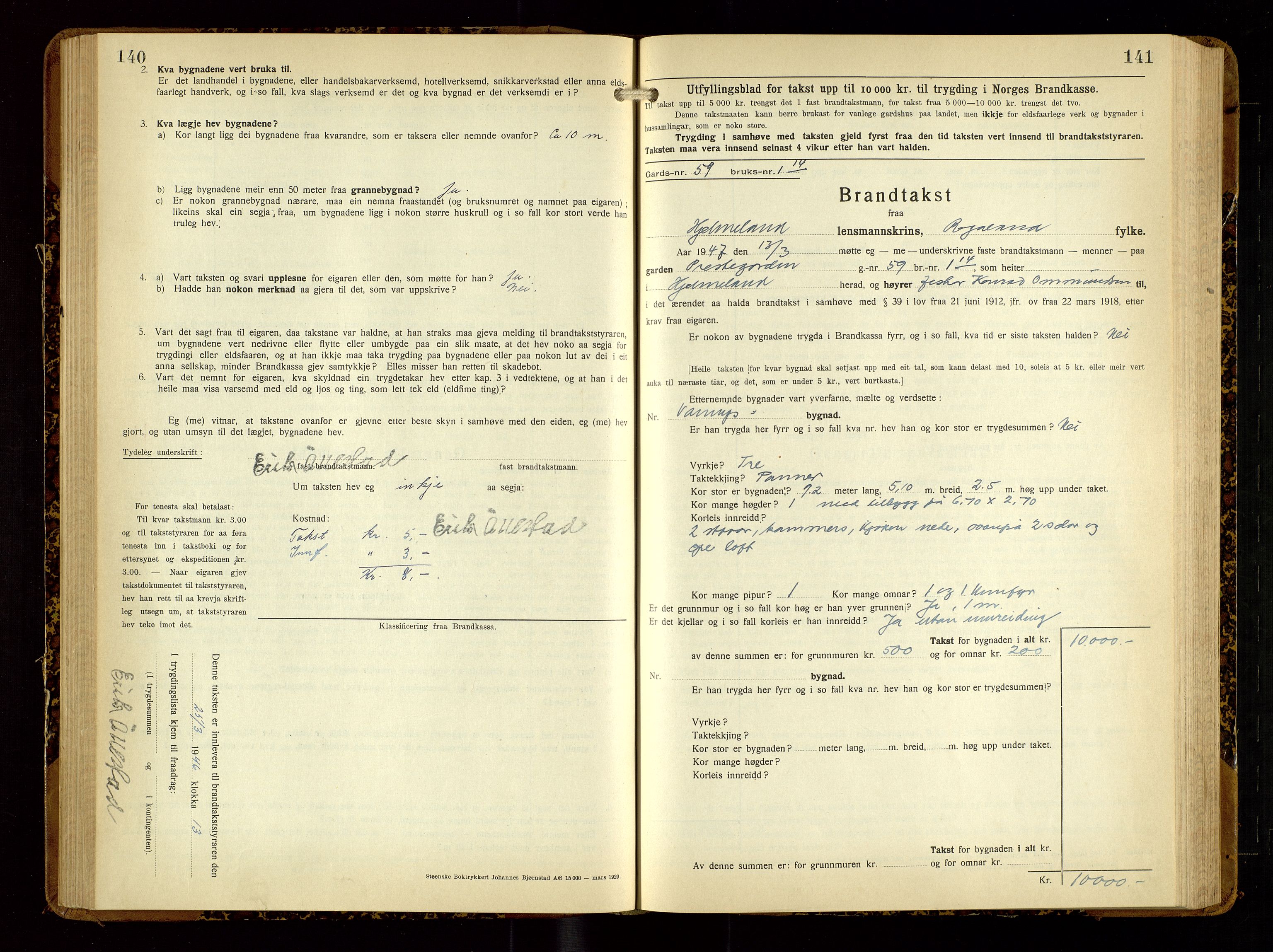 Hjelmeland lensmannskontor, SAST/A-100439/Gob/L0003: "Brandtakstbok", 1932-1950, p. 140-141