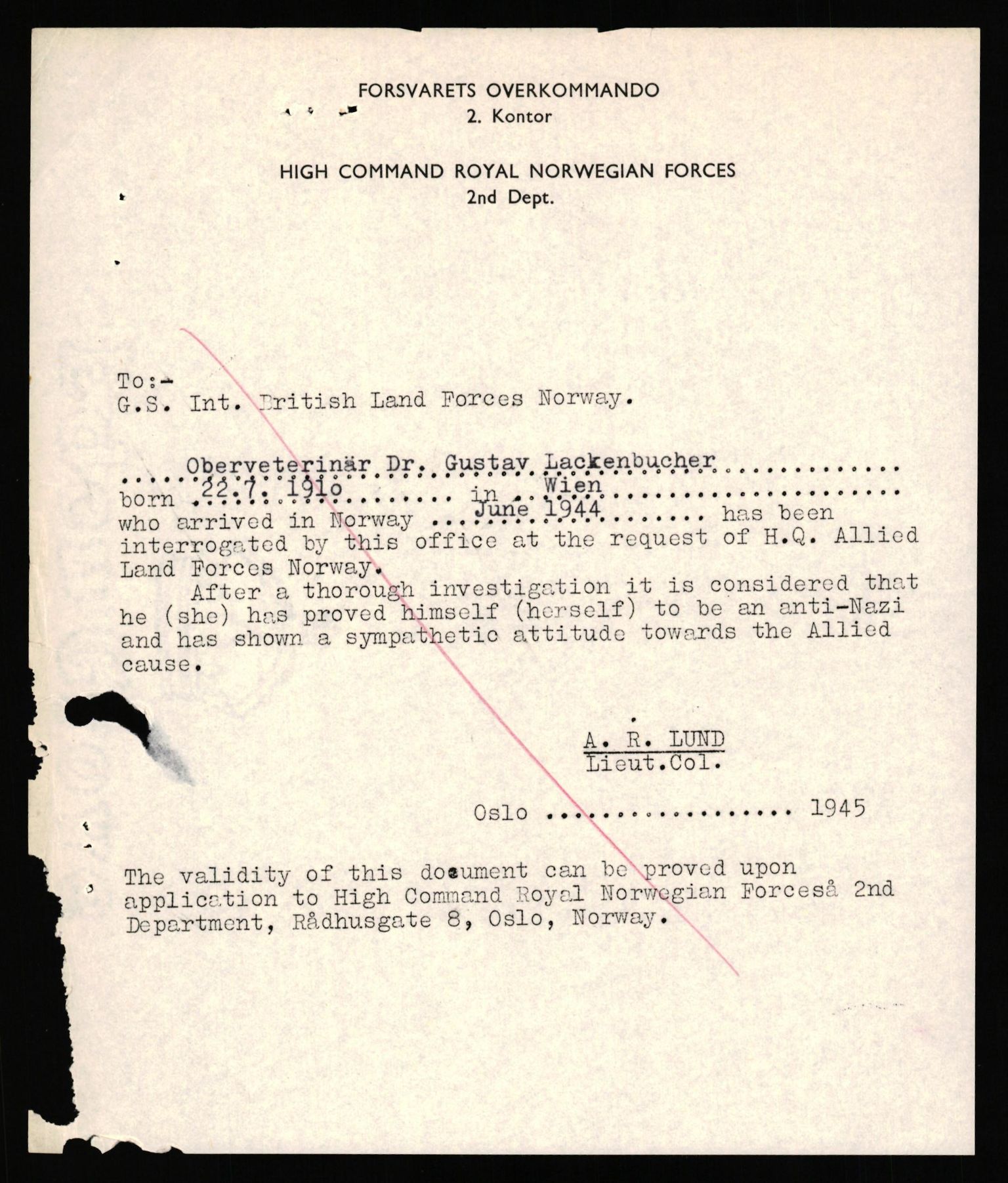 Forsvaret, Forsvarets overkommando II, AV/RA-RAFA-3915/D/Db/L0039: CI Questionaires. Tyske okkupasjonsstyrker i Norge. Østerrikere., 1945-1946, p. 226