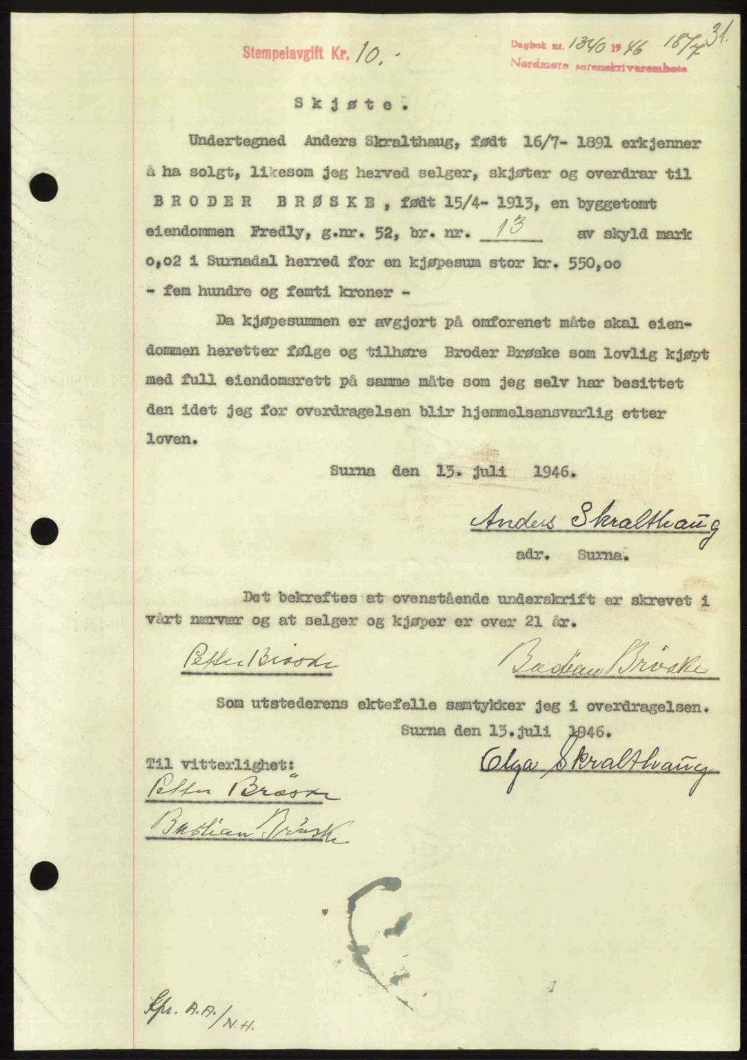 Nordmøre sorenskriveri, AV/SAT-A-4132/1/2/2Ca: Mortgage book no. A102, 1946-1946, Diary no: : 1340/1946