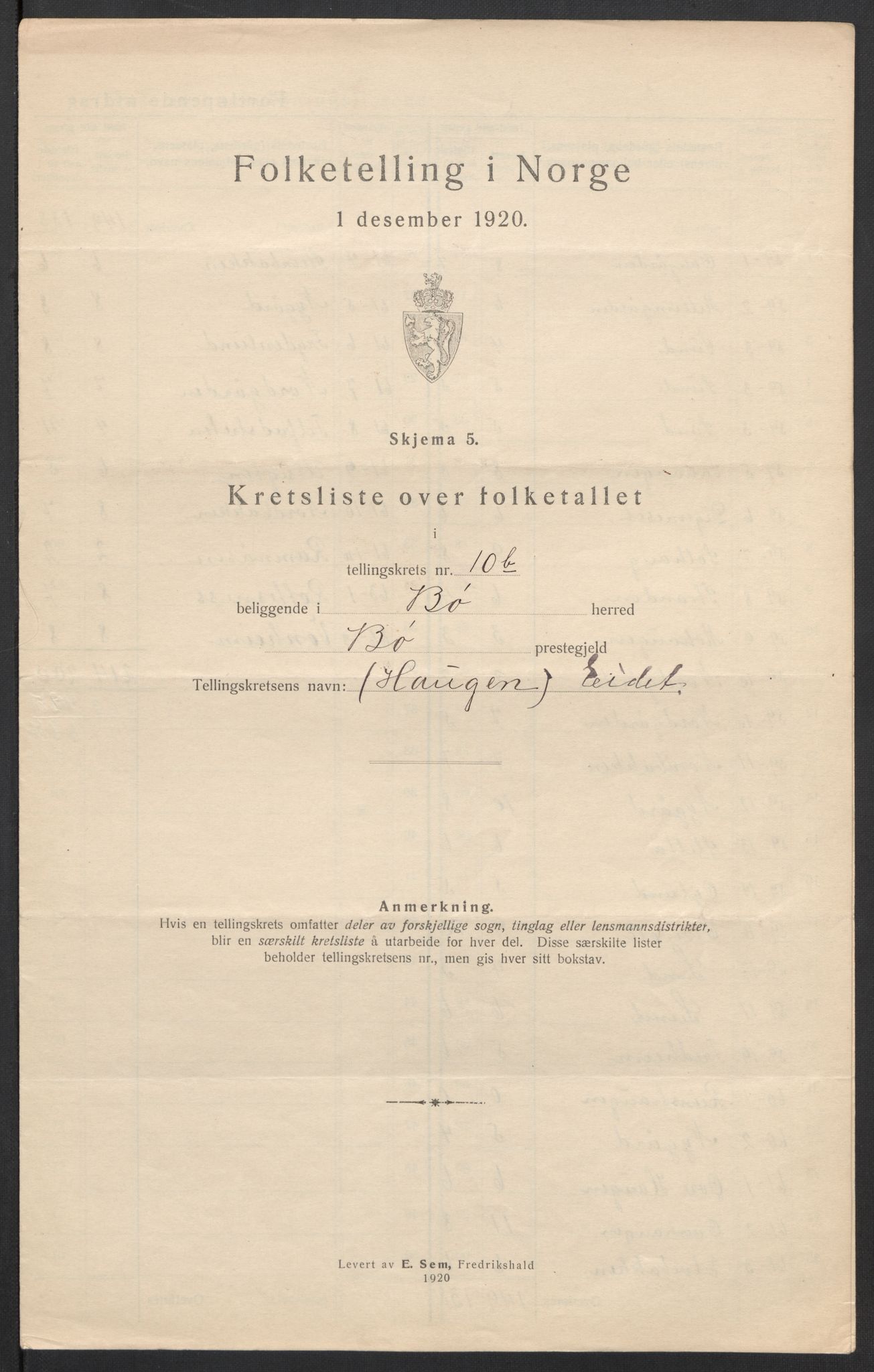 SAT, 1920 census for Bø, 1920, p. 43