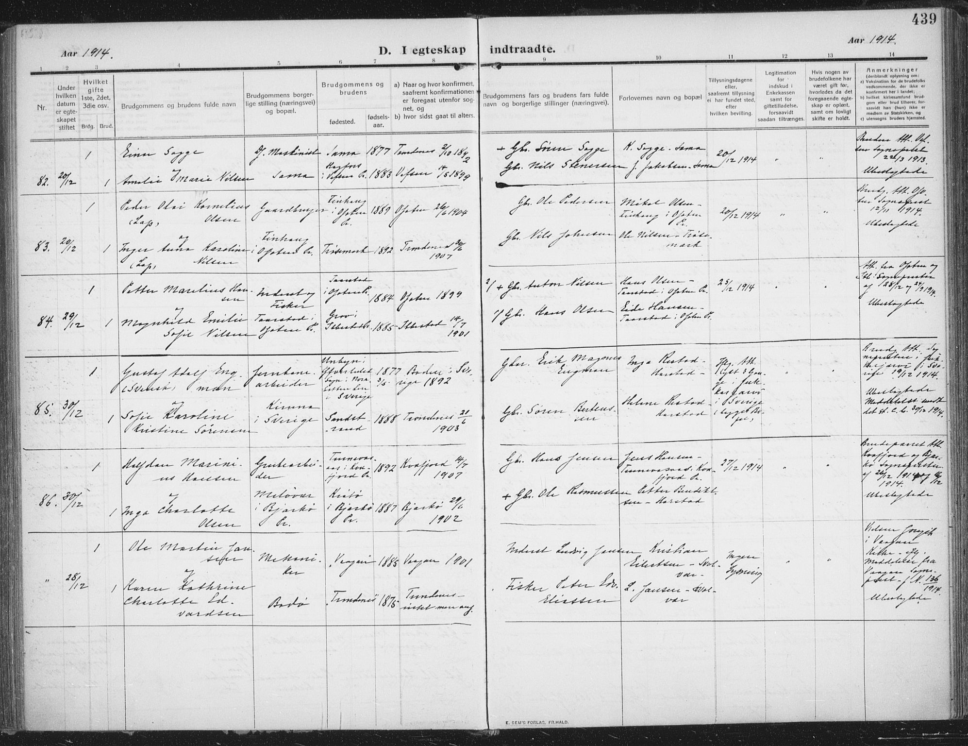 Trondenes sokneprestkontor, SATØ/S-1319/H/Ha/L0018kirke: Parish register (official) no. 18, 1909-1918, p. 439