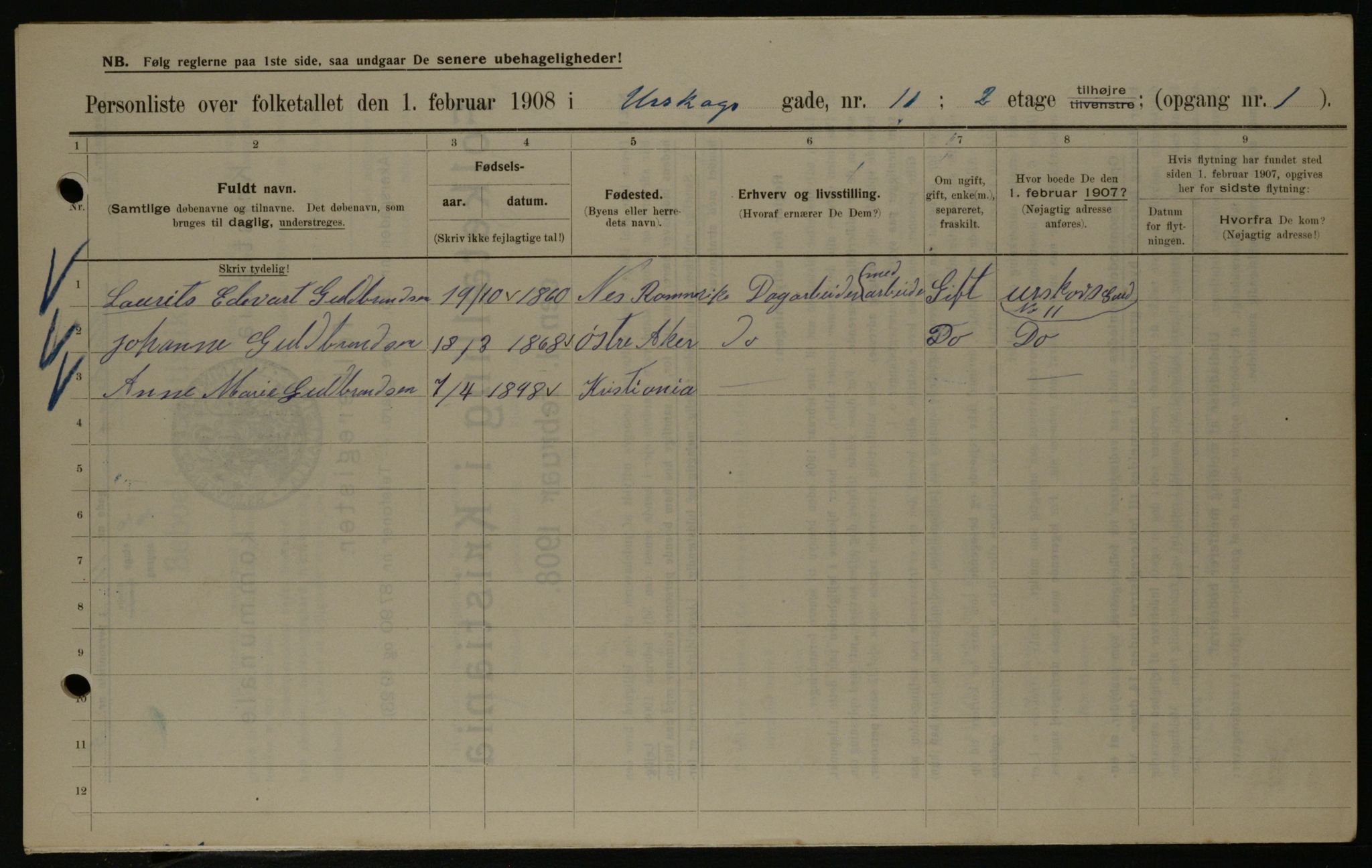 OBA, Municipal Census 1908 for Kristiania, 1908, p. 2689