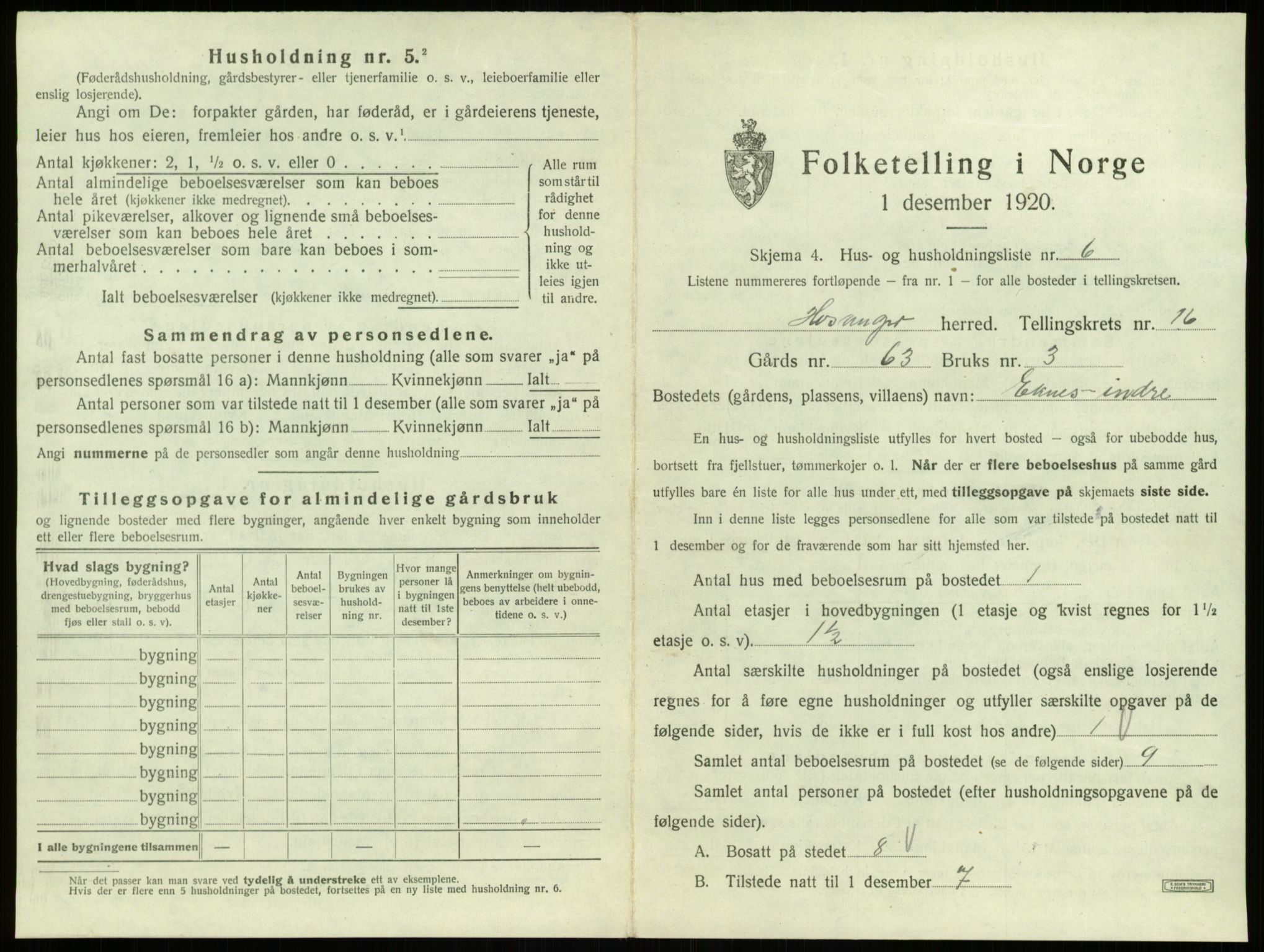 SAB, 1920 census for Hosanger, 1920, p. 834