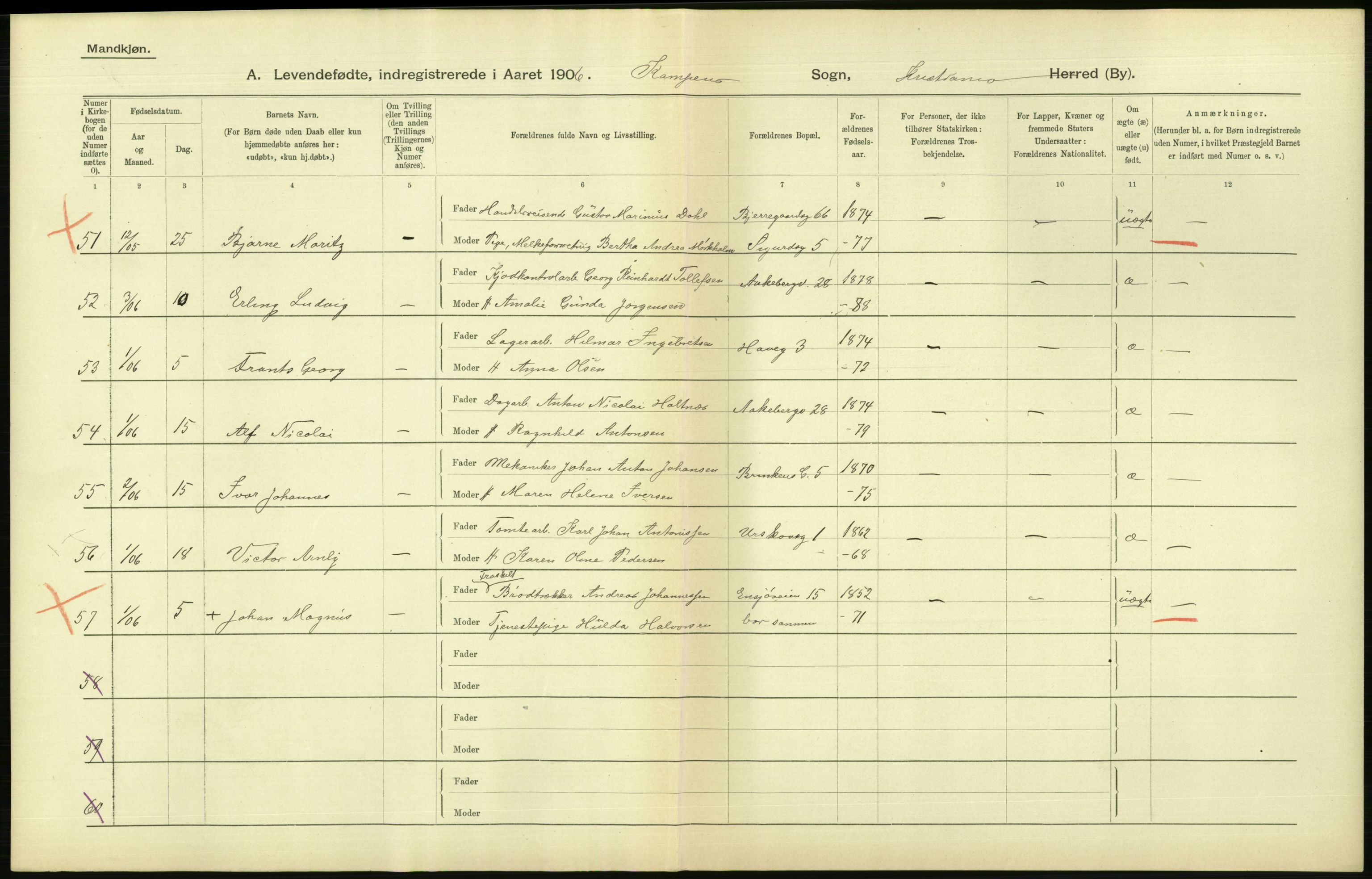 Statistisk sentralbyrå, Sosiodemografiske emner, Befolkning, AV/RA-S-2228/D/Df/Dfa/Dfad/L0007: Kristiania: Levendefødte menn og kvinner., 1906, p. 704