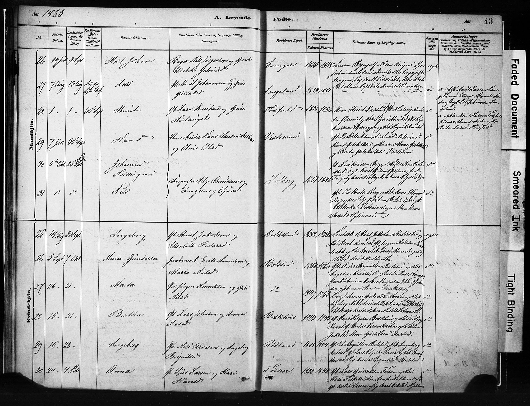 Evanger sokneprestembete, AV/SAB-A-99924: Parish register (official) no. A 1, 1877-1899, p. 43