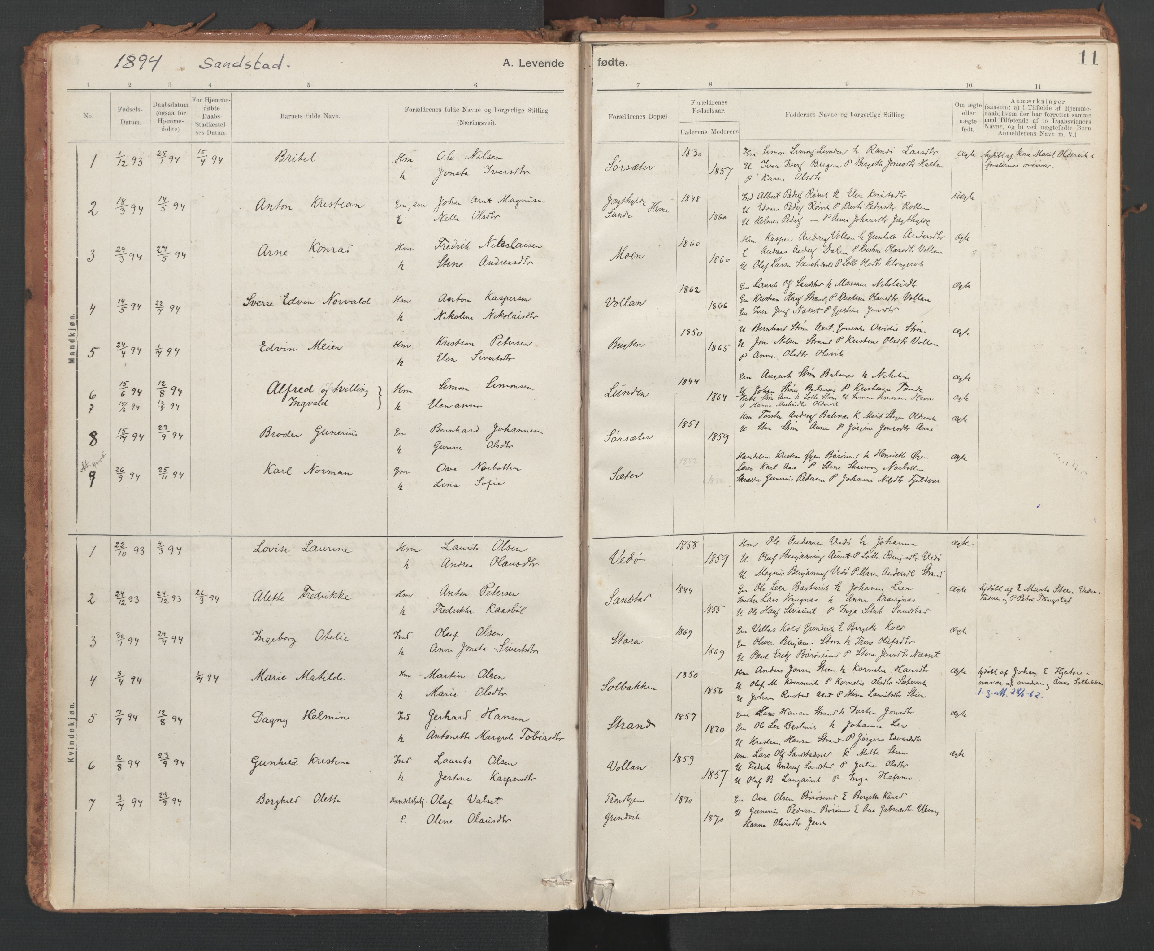 Ministerialprotokoller, klokkerbøker og fødselsregistre - Sør-Trøndelag, SAT/A-1456/639/L0572: Parish register (official) no. 639A01, 1890-1920, p. 11