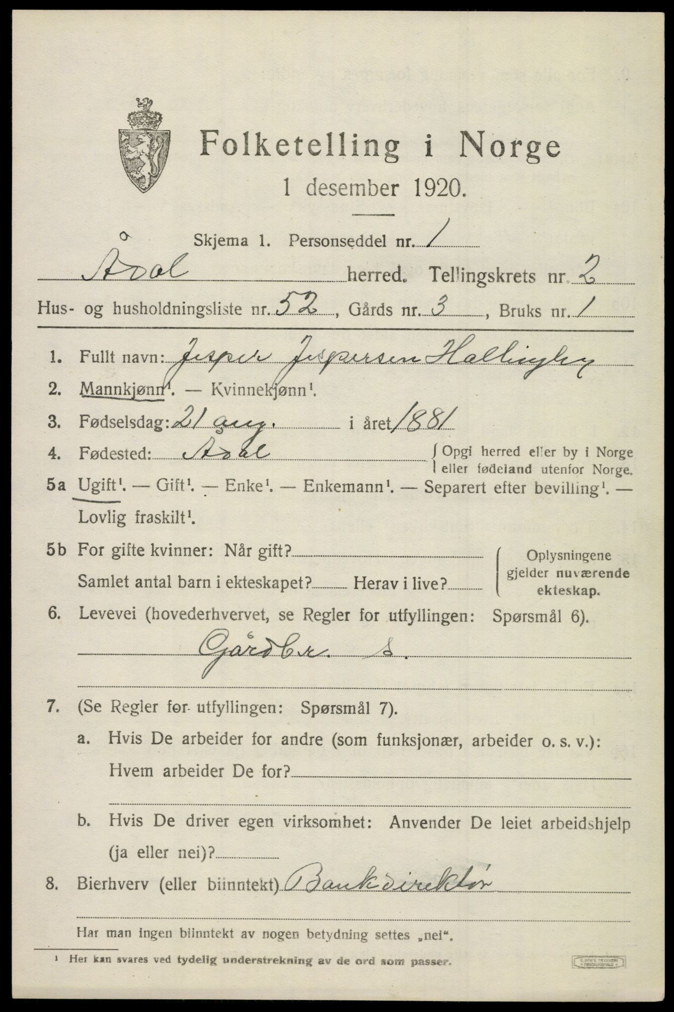 SAKO, 1920 census for Ådal, 1920, p. 2782