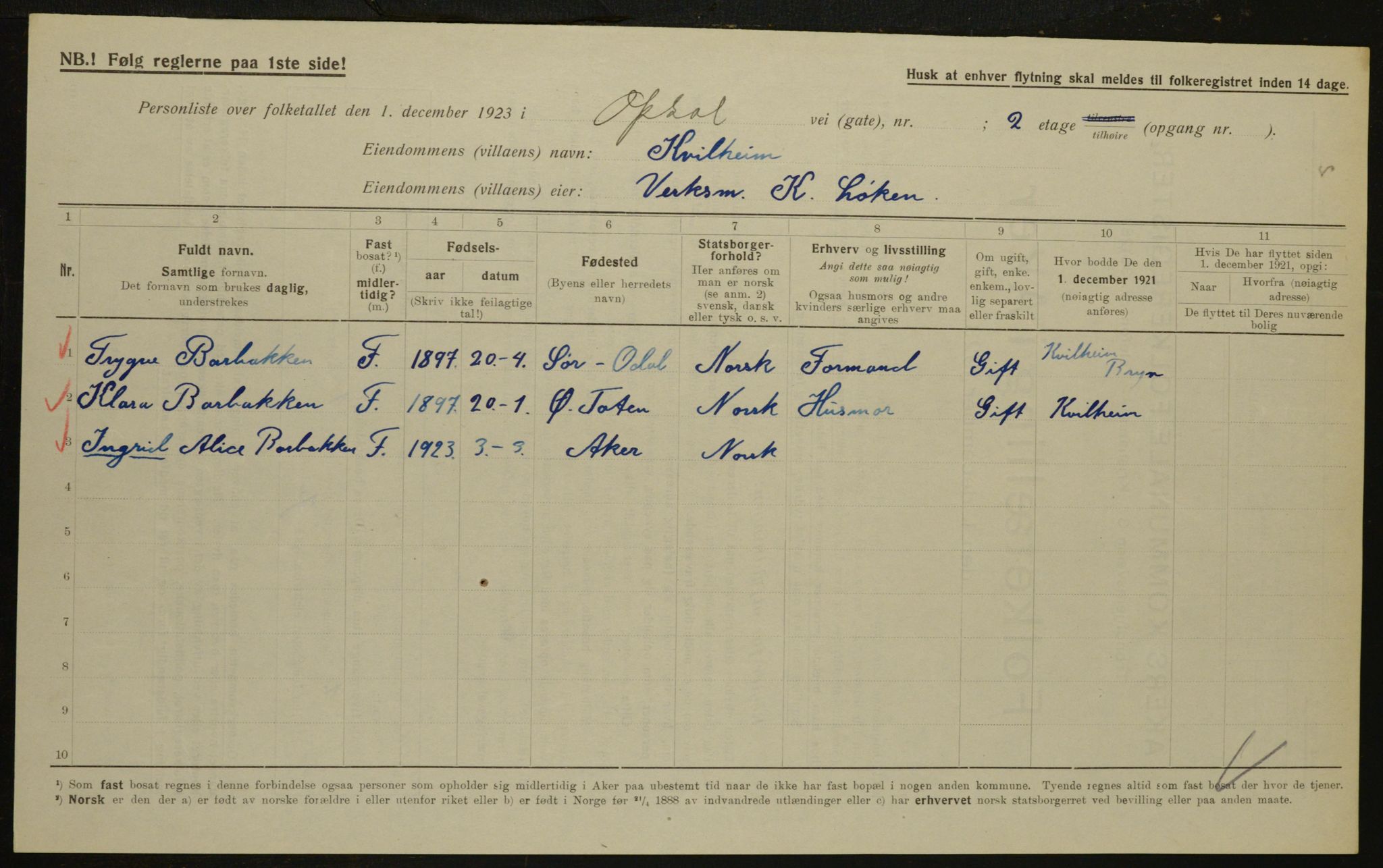 , Municipal Census 1923 for Aker, 1923, p. 29248