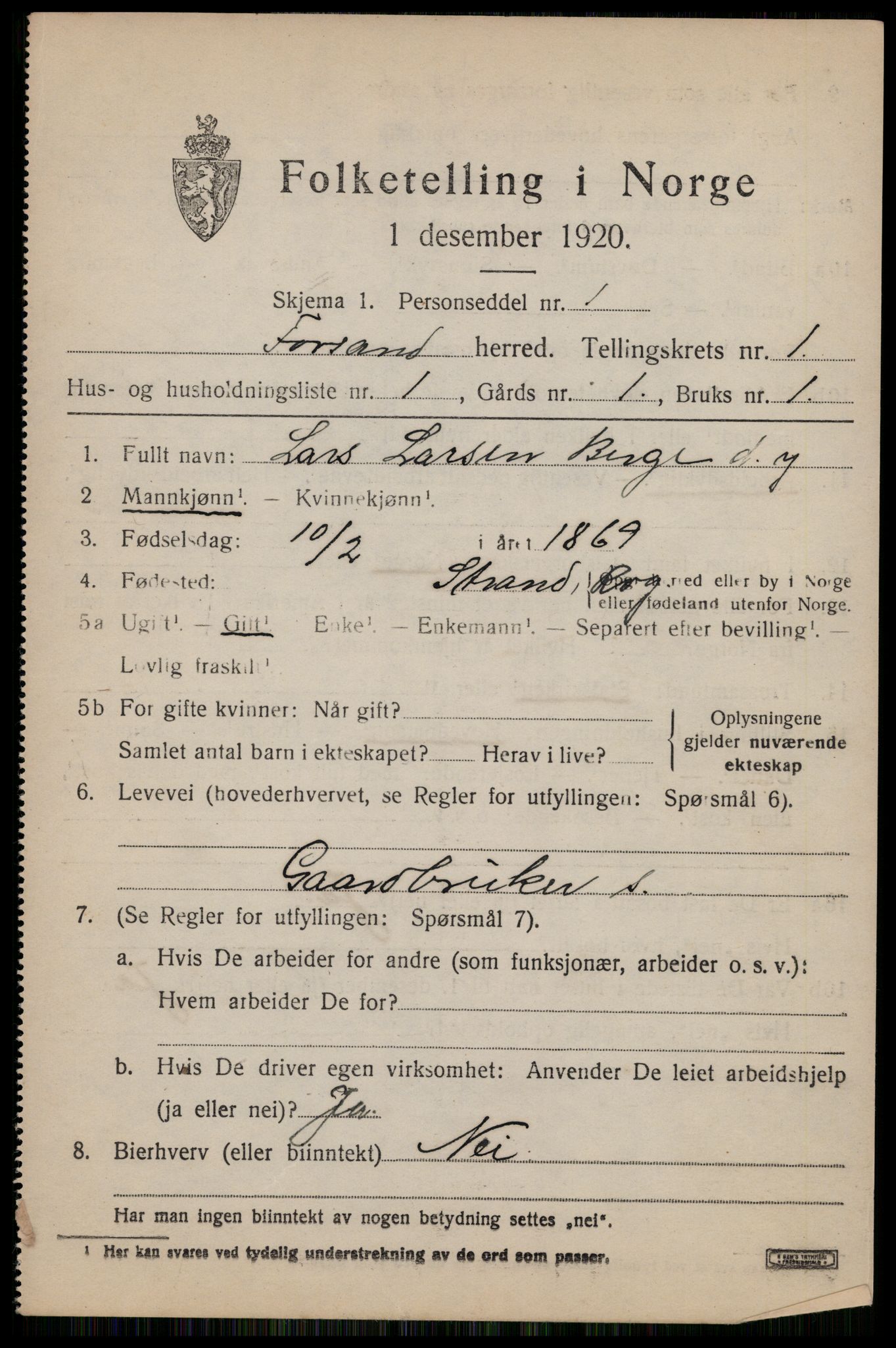 SAST, 1920 census for Forsand, 1920, p. 759