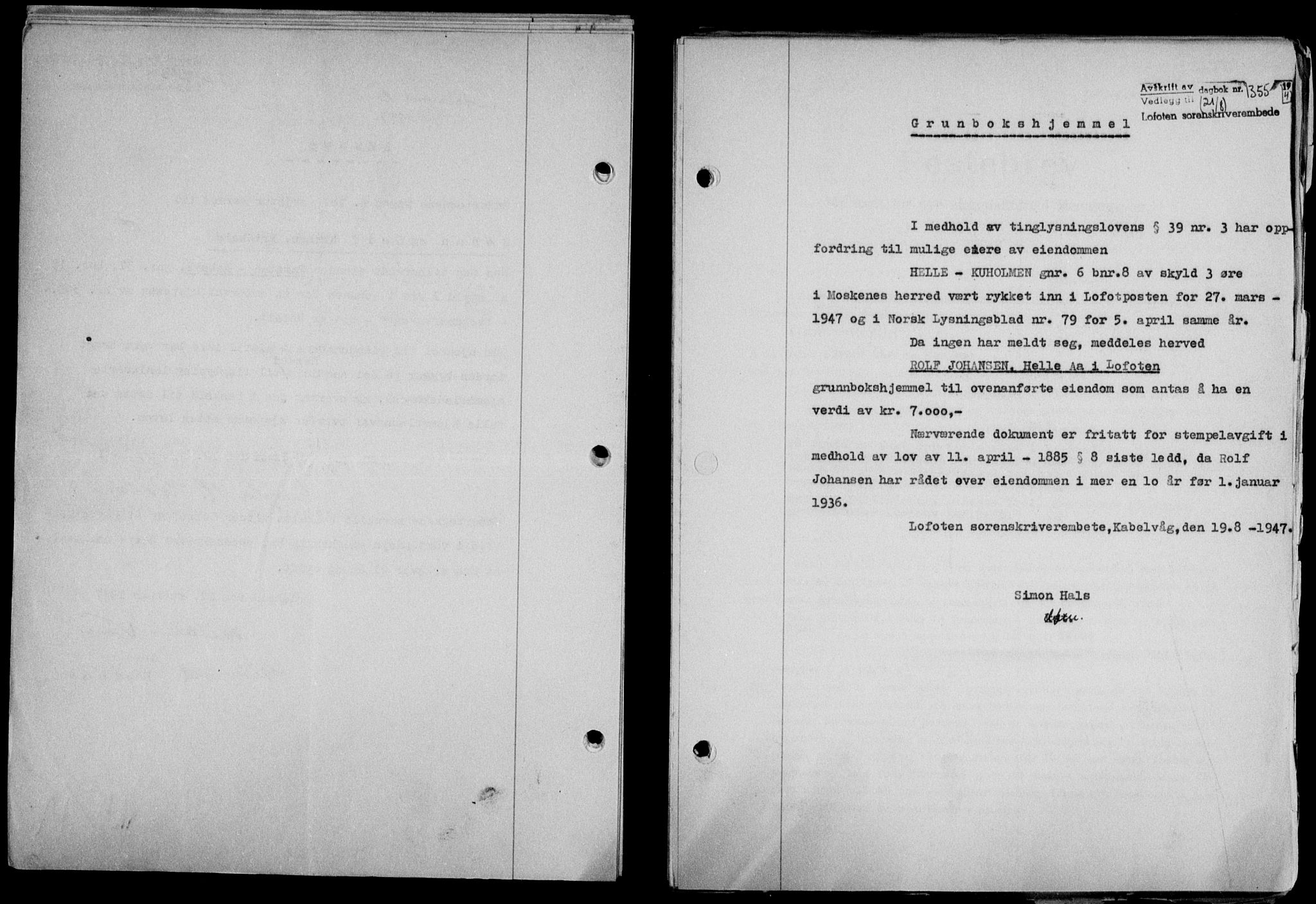 Lofoten sorenskriveri, SAT/A-0017/1/2/2C/L0016a: Mortgage book no. 16a, 1947-1947, Diary no: : 1355/1947