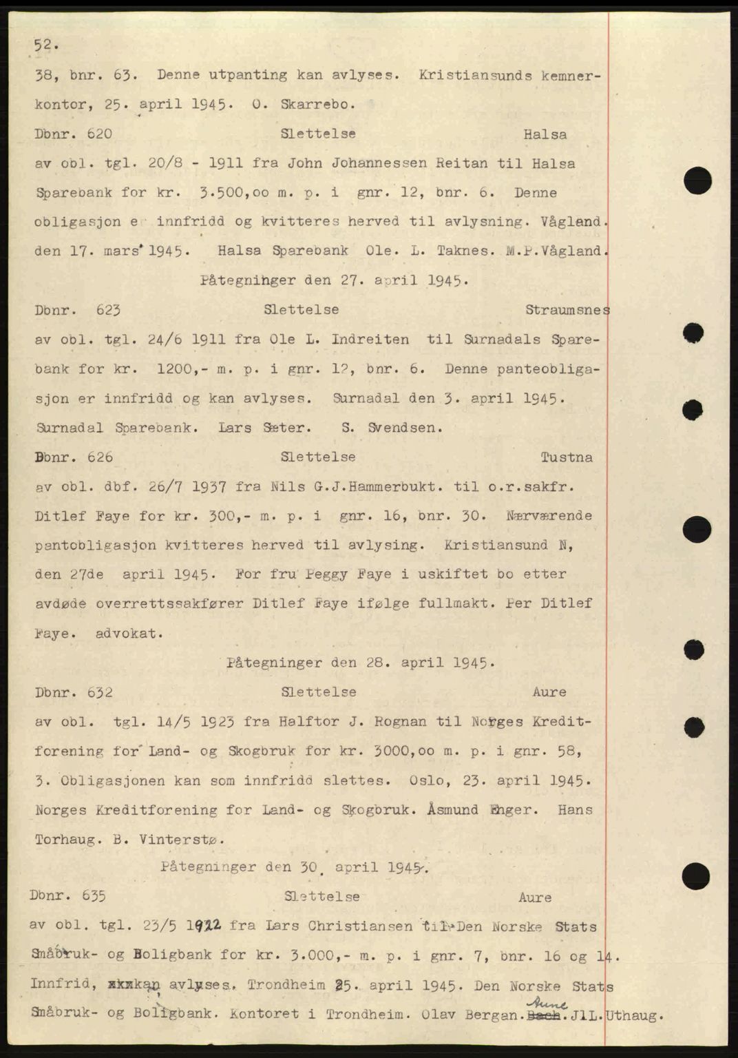 Nordmøre sorenskriveri, AV/SAT-A-4132/1/2/2Ca: Mortgage book no. C82a, 1945-1946, Diary no: : 620/1945