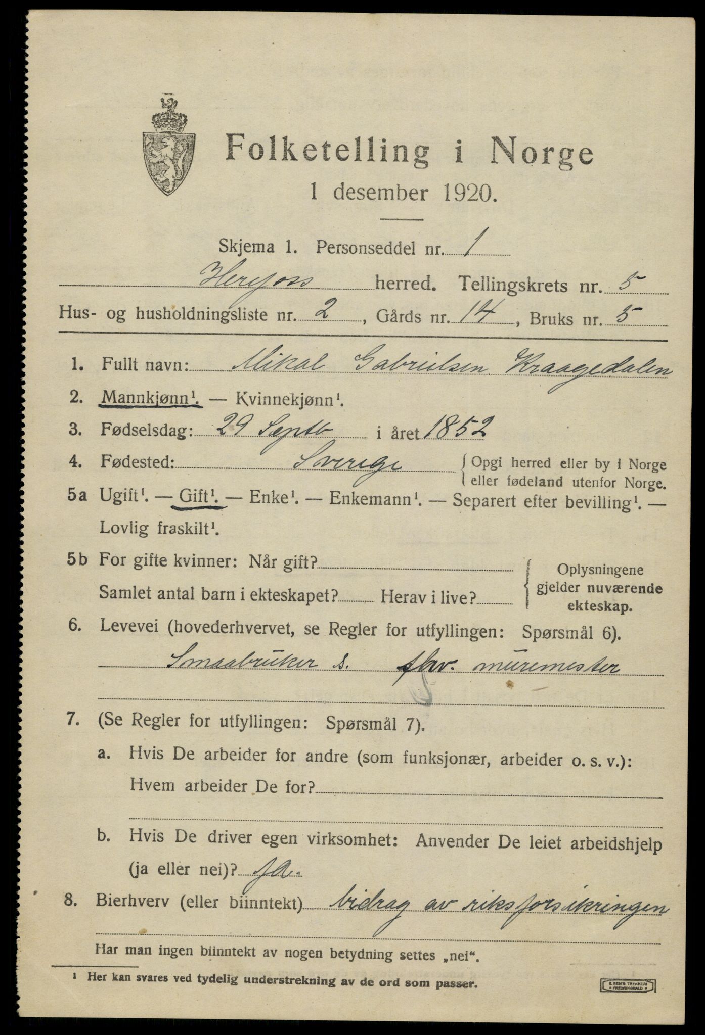 SAK, 1920 census for Herefoss, 1920, p. 928