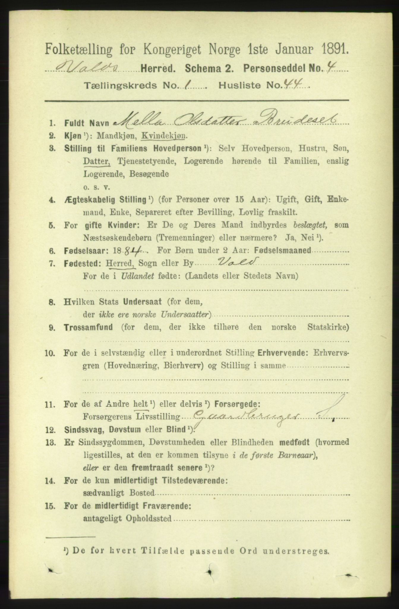 RA, 1891 census for 1537 Voll, 1891, p. 366