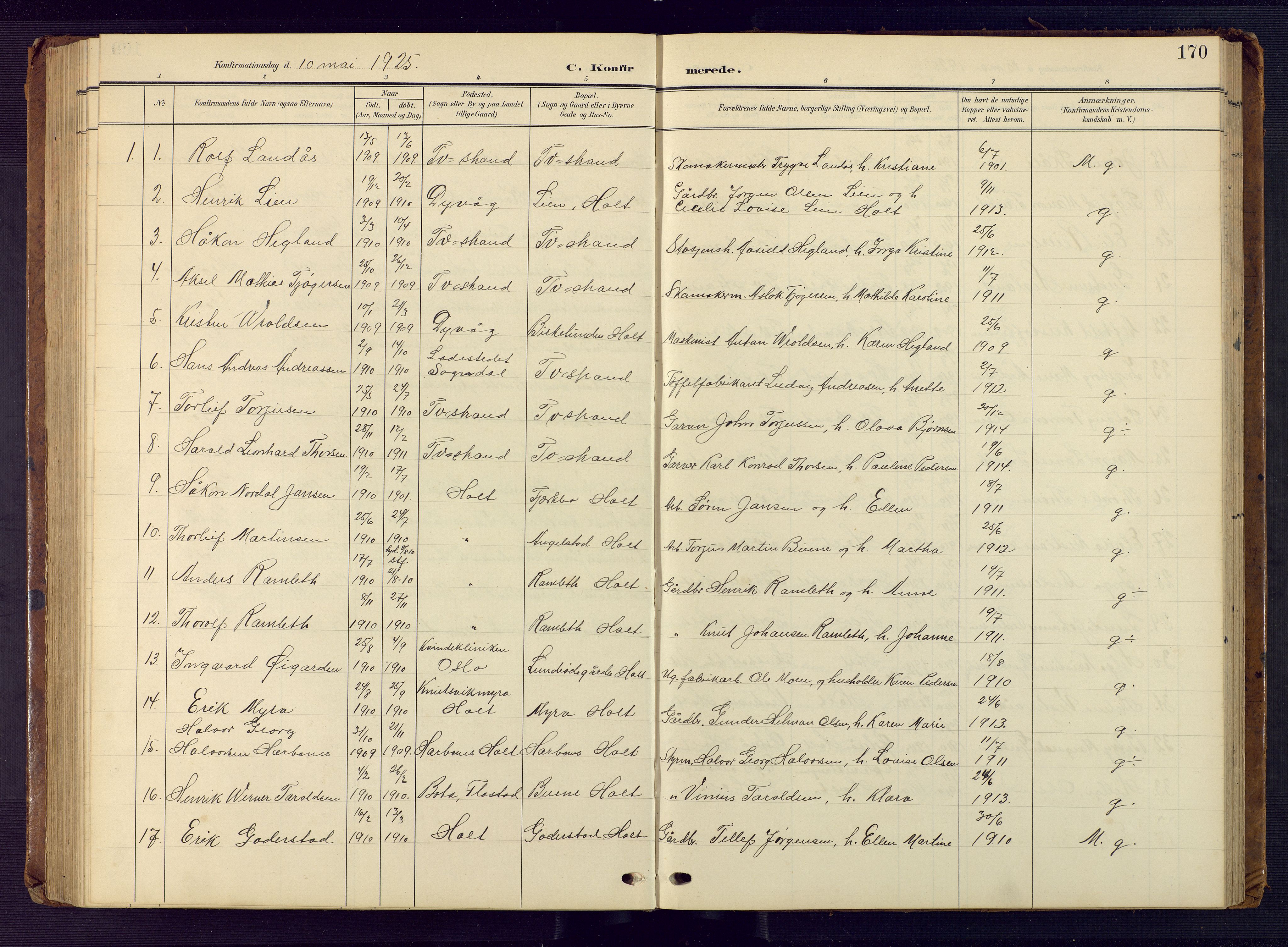 Tvedestrand sokneprestkontor, AV/SAK-1111-0042/F/Fb/L0001: Parish register (copy) no. B 1, 1902-1956, p. 170