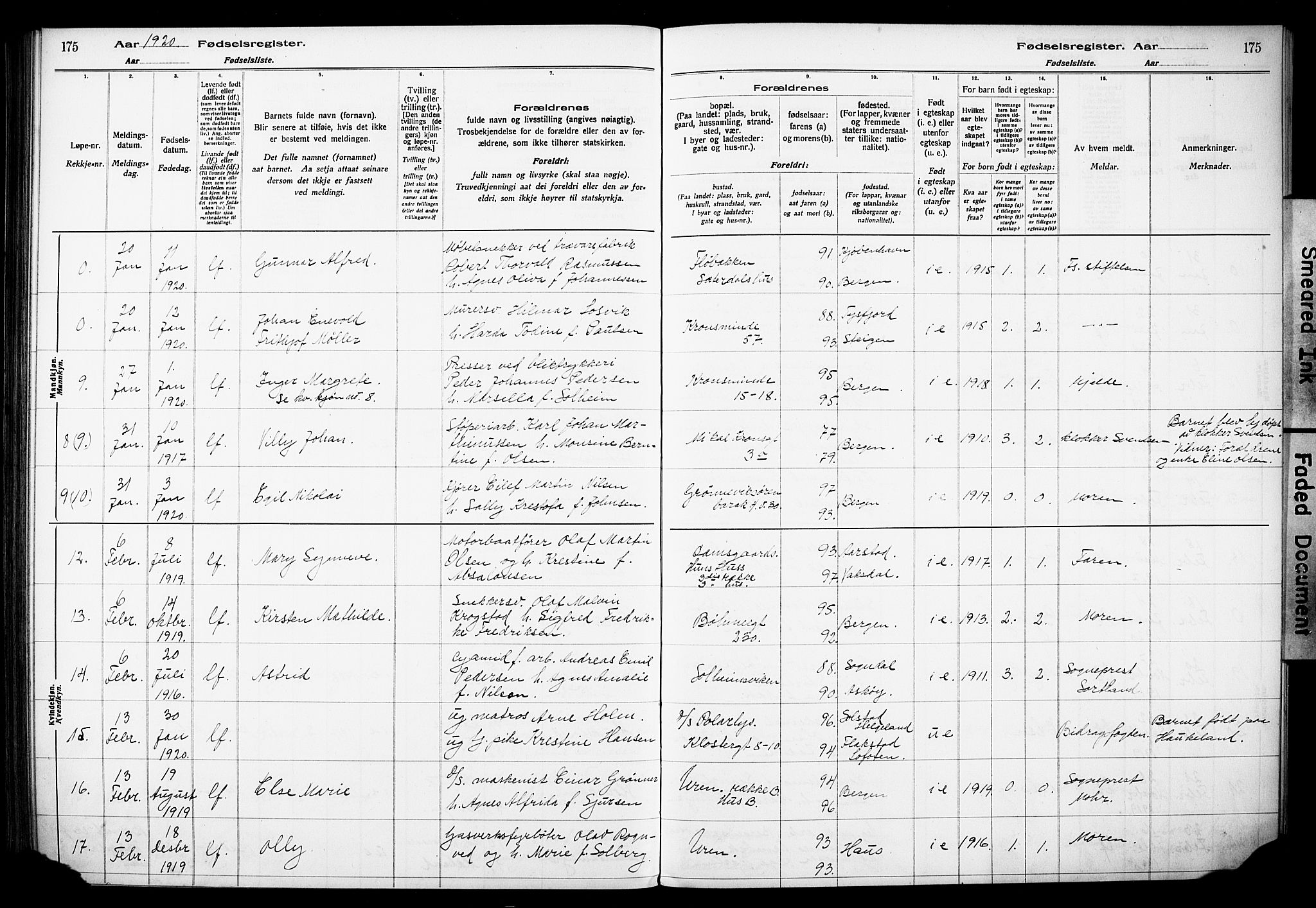 Årstad Sokneprestembete, AV/SAB-A-79301/I/Id/L0A01: Birth register no. A 1, 1916-1920, p. 175