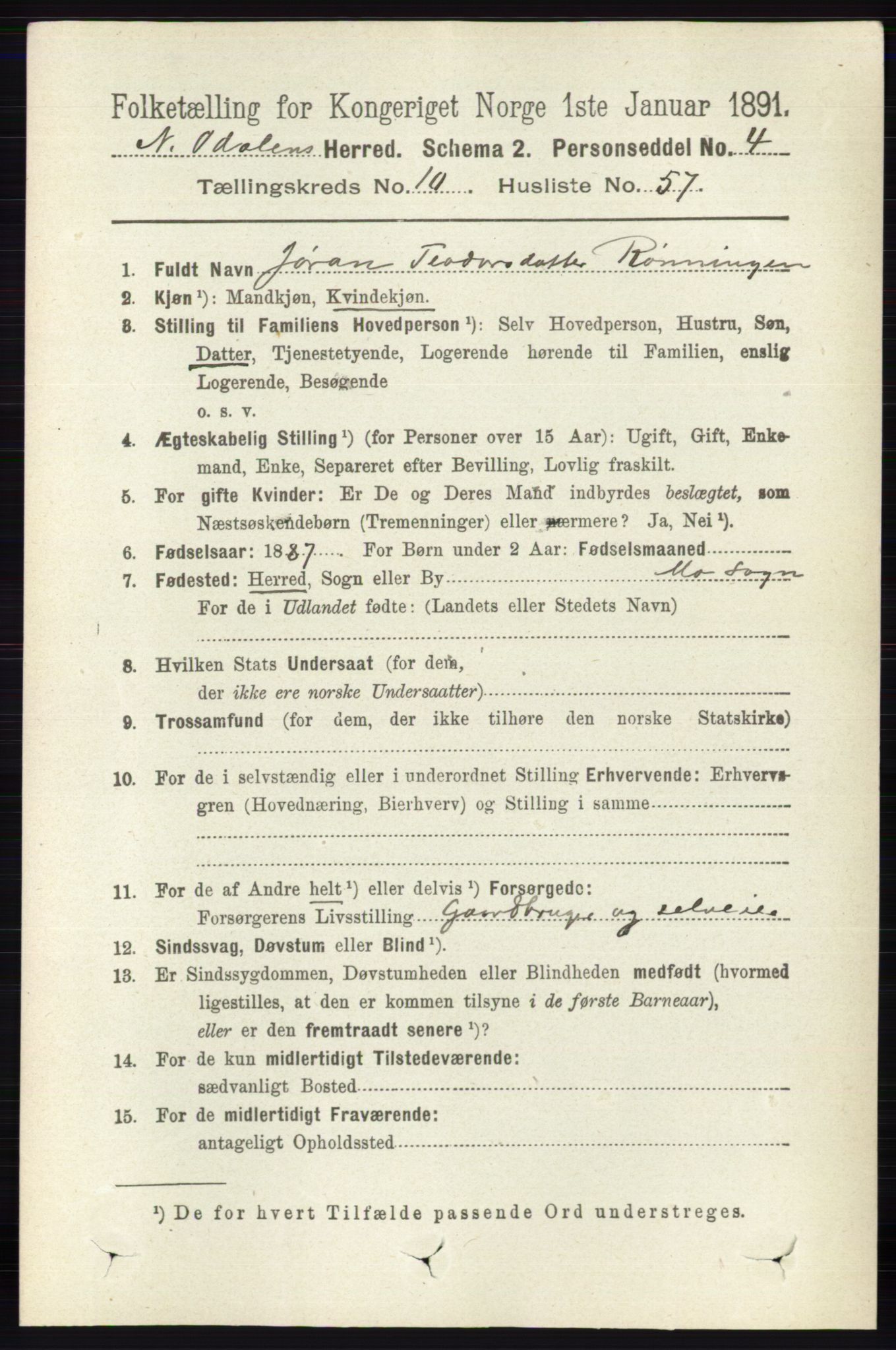 RA, 1891 census for 0418 Nord-Odal, 1891, p. 4864