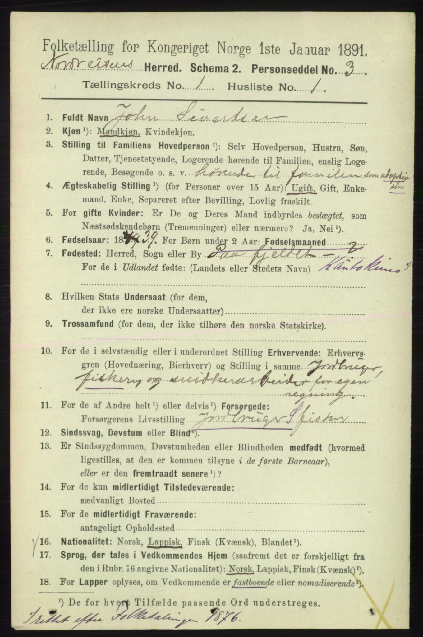 RA, 1891 census for 1942 Nordreisa, 1891, p. 108