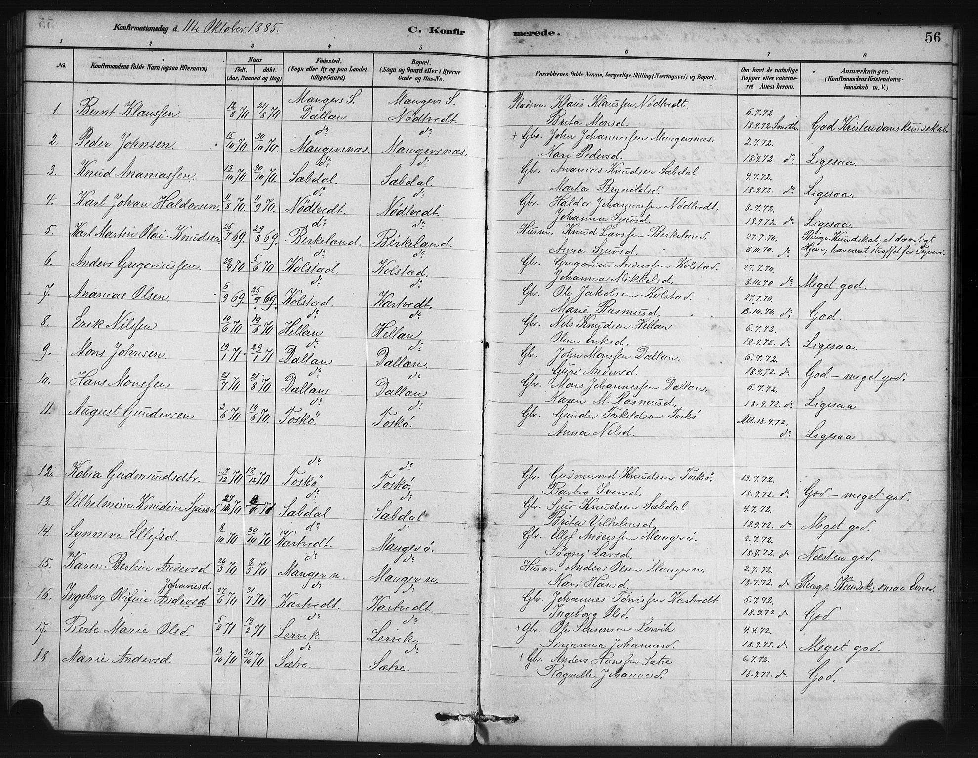 Manger sokneprestembete, SAB/A-76801/H/Haa: Parish register (official) no. B 1, 1881-1892, p. 56