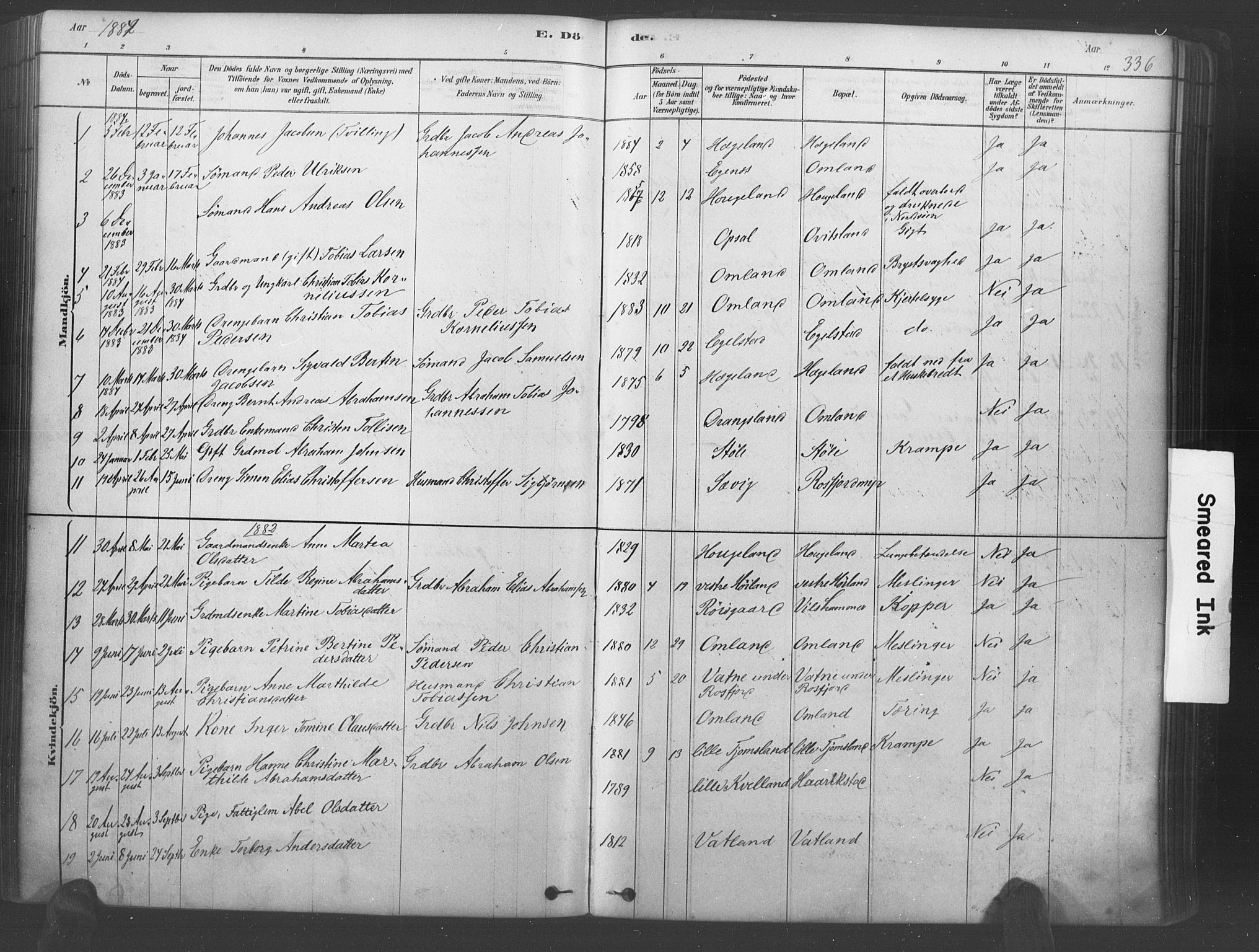 Lyngdal sokneprestkontor, AV/SAK-1111-0029/F/Fa/Fac/L0011: Parish register (official) no. A 11, 1878-1893, p. 336