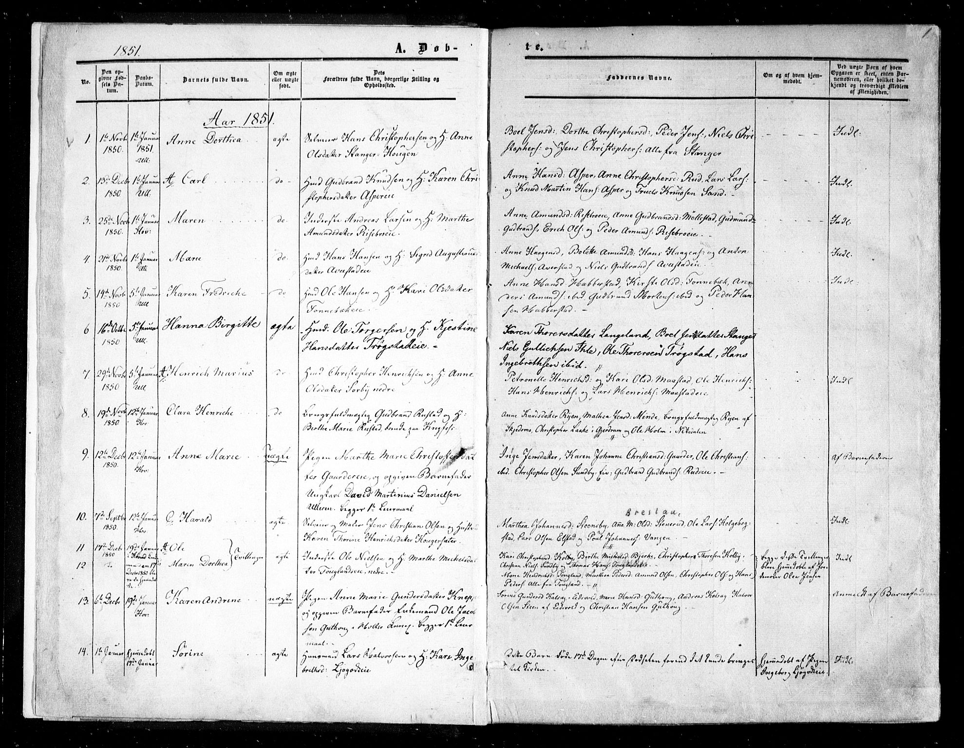 Ullensaker prestekontor Kirkebøker, SAO/A-10236a/F/Fa/L0015.a: Parish register (official) no. I 15A, 1851-1862, p. 1