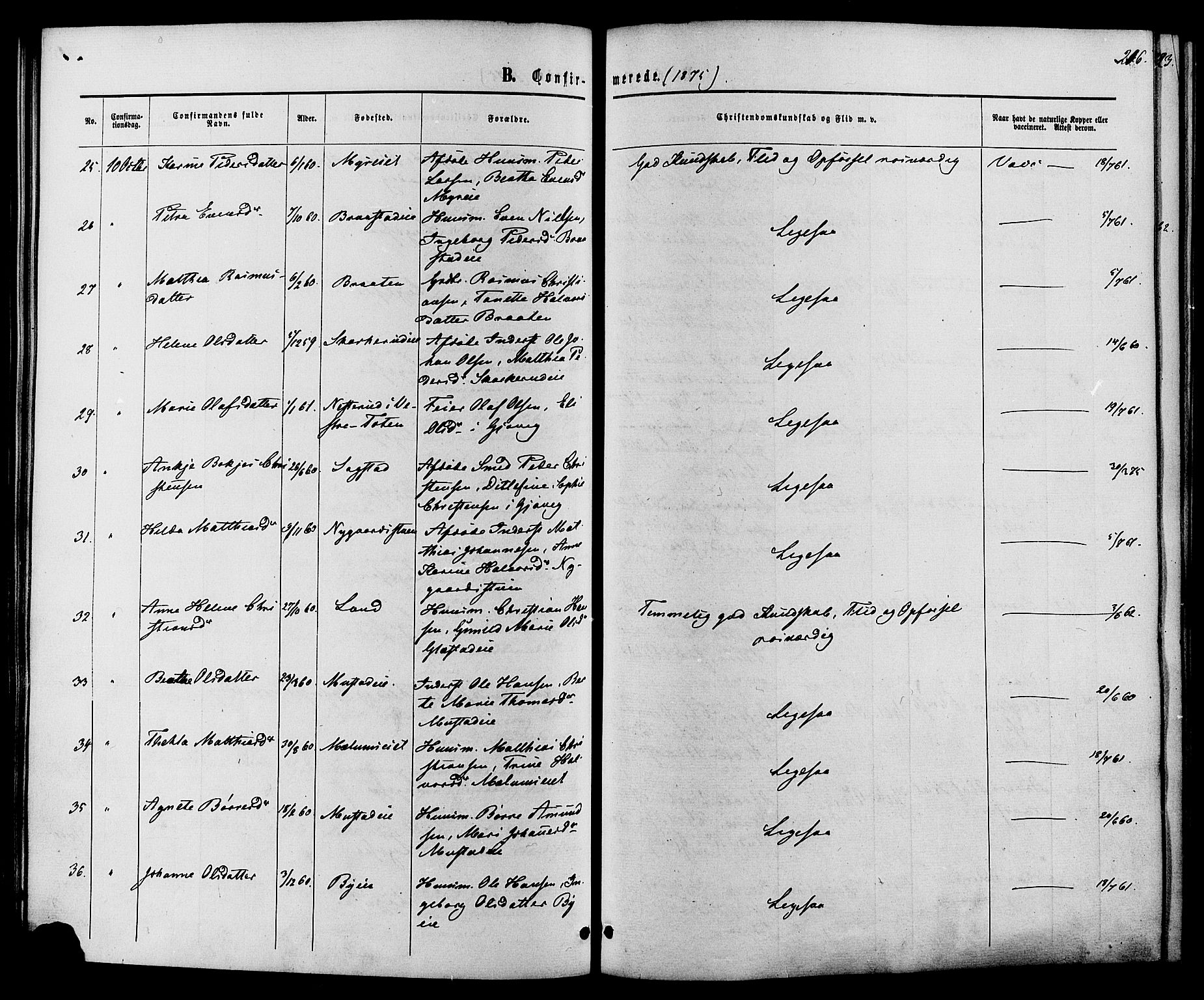 Vardal prestekontor, SAH/PREST-100/H/Ha/Haa/L0007: Parish register (official) no. 7, 1867-1878, p. 216