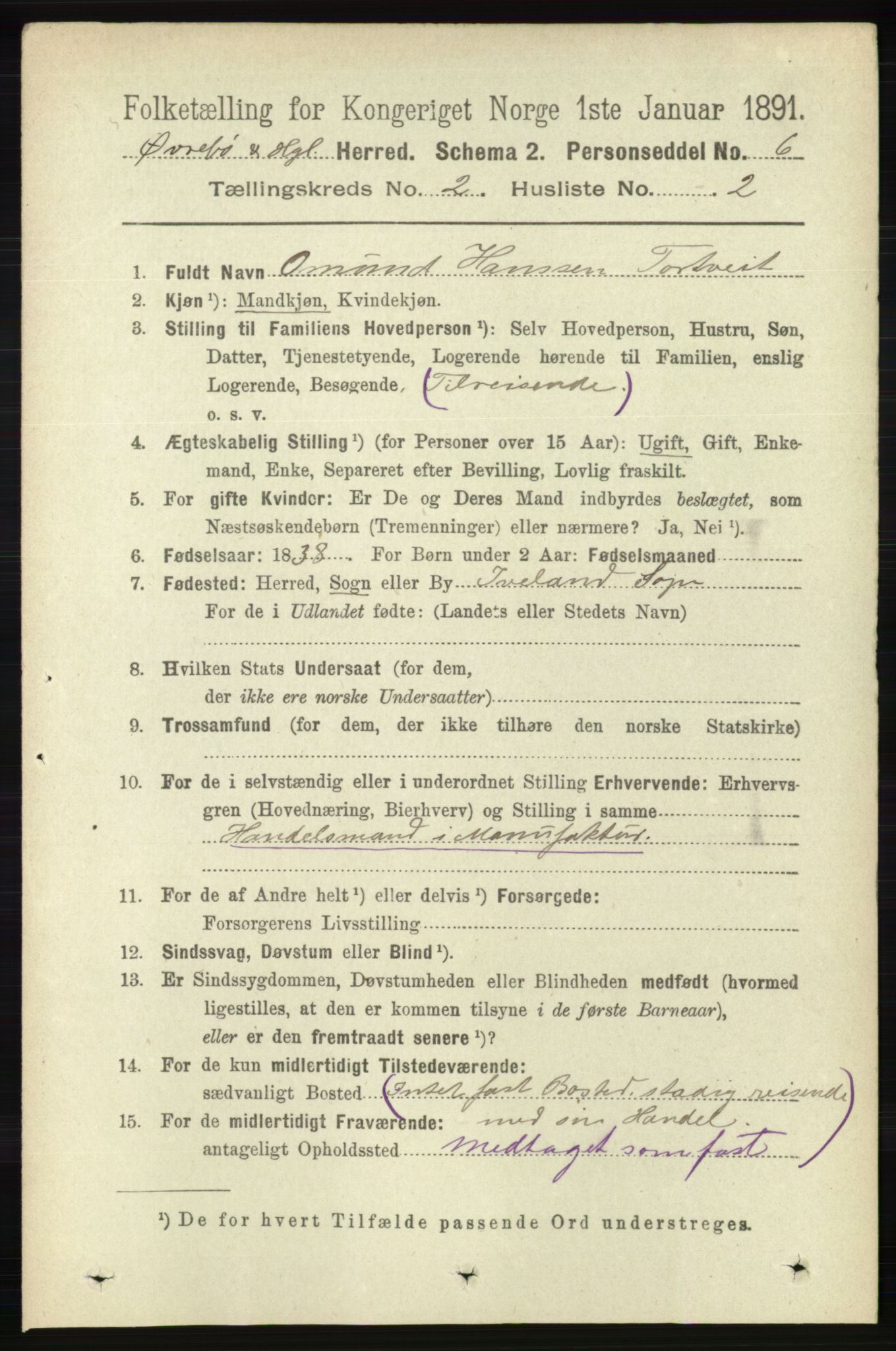 RA, 1891 census for 1016 Øvrebø og Hægeland, 1891, p. 327
