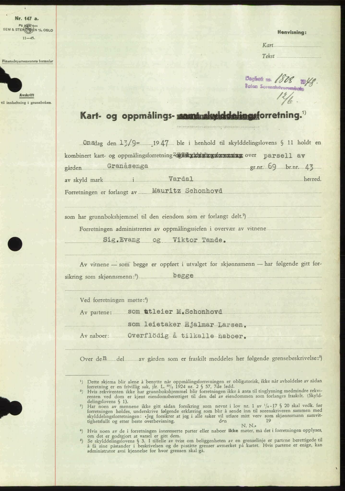 Toten tingrett, SAH/TING-006/H/Hb/Hbc/L0020: Mortgage book no. Hbc-20, 1948-1948, Diary no: : 1808/1948