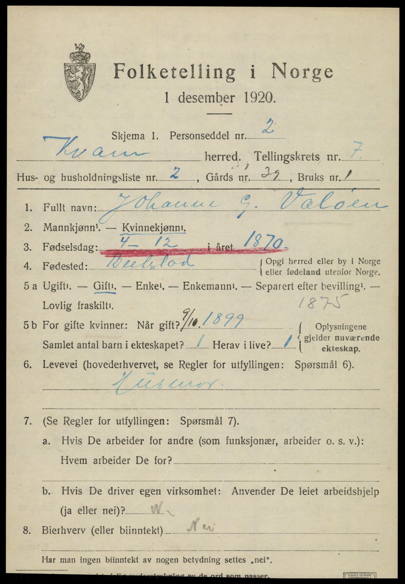 SAT, 1920 census for Kvam, 1920, p. 1813