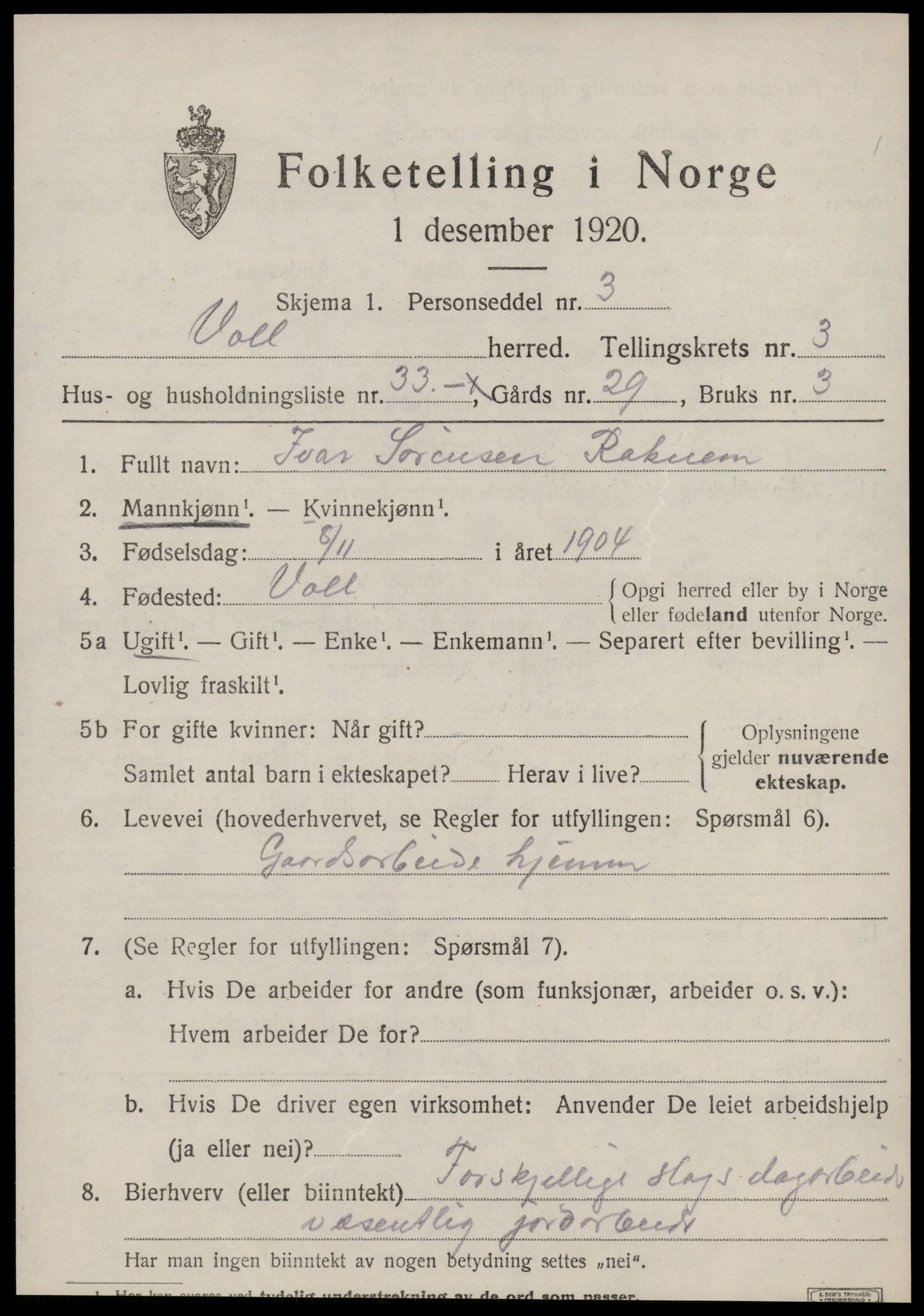 SAT, 1920 census for Voll, 1920, p. 1617