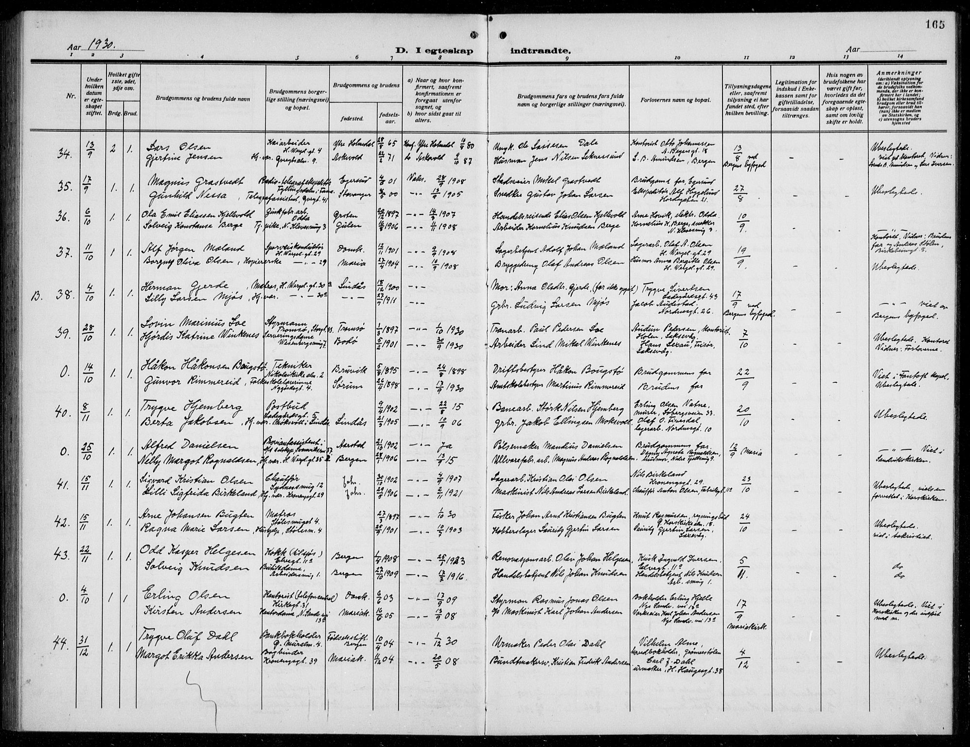 Mariakirken Sokneprestembete, AV/SAB-A-76901/H/Hab/L0010: Parish register (copy) no. A 10, 1920-1937, p. 165