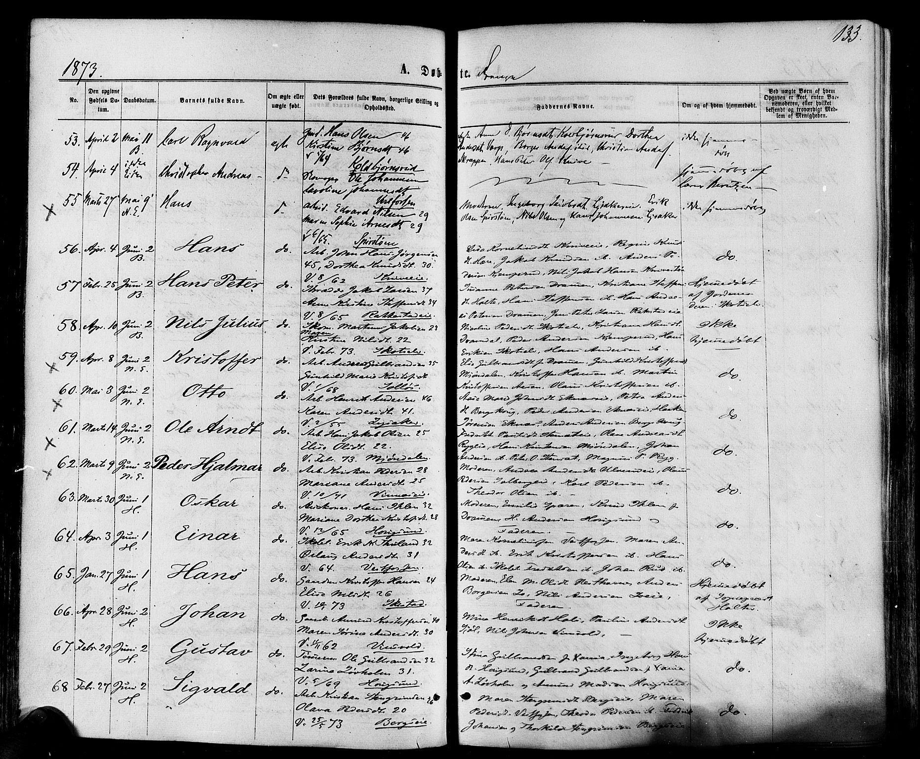 Eiker kirkebøker, SAKO/A-4/F/Fa/L0017: Parish register (official) no. I 17, 1869-1877, p. 133