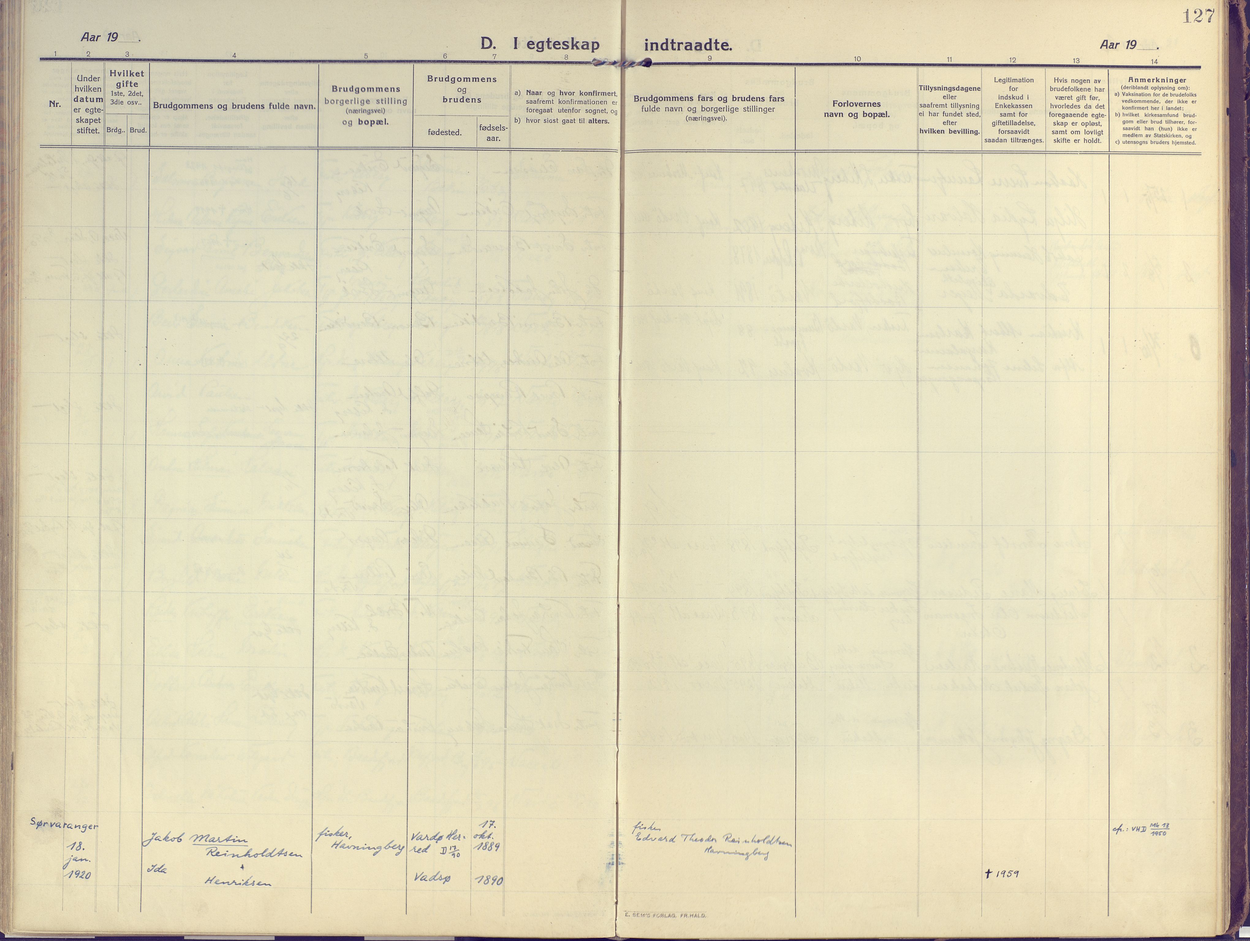 Vardø sokneprestkontor, SATØ/S-1332/H/Ha/L0013kirke: Parish register (official) no. 13, 1912-1928, p. 127