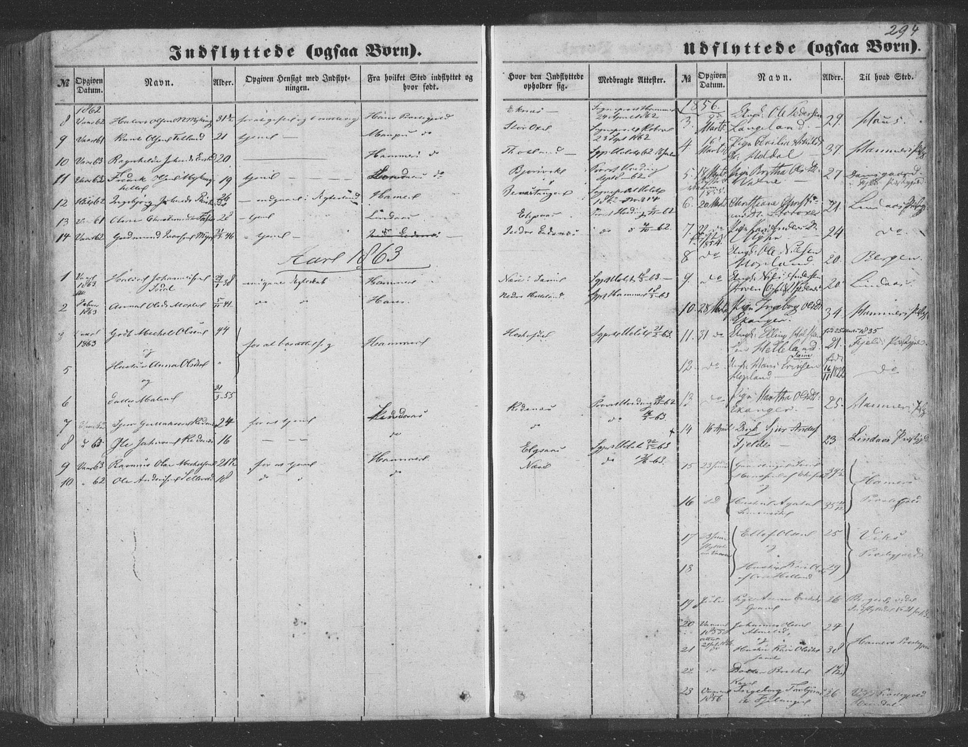 Hosanger sokneprestembete, SAB/A-75801/H/Haa: Parish register (official) no. A 8, 1849-1863, p. 294