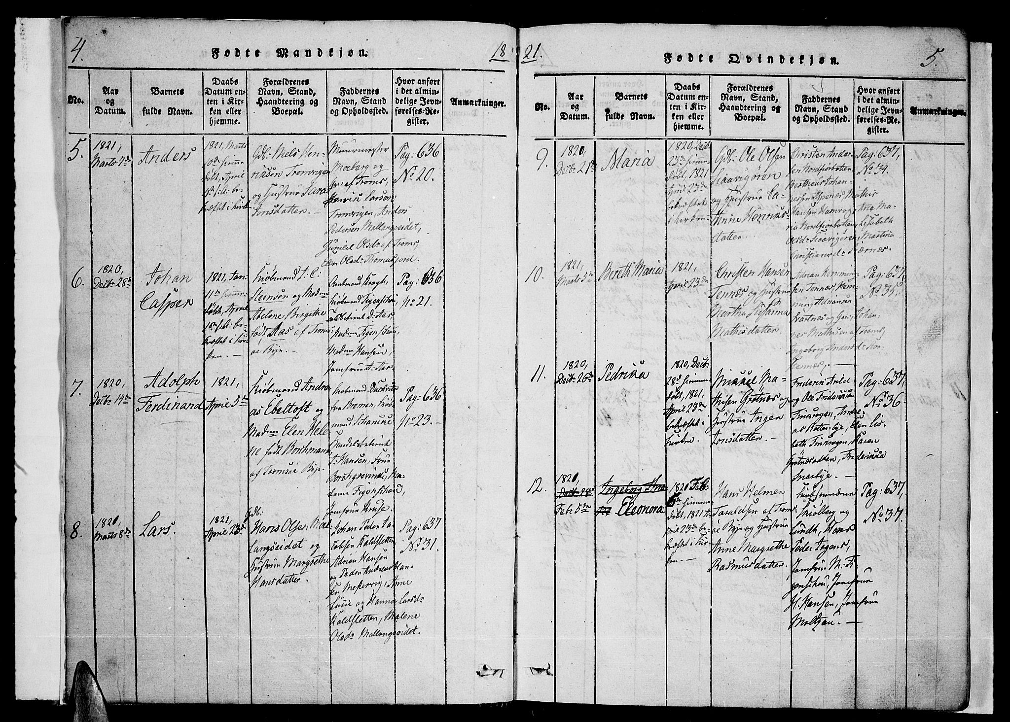Tromsø sokneprestkontor/stiftsprosti/domprosti, SATØ/S-1343/G/Ga/L0007kirke: Parish register (official) no. 7, 1821-1828, p. 4-5